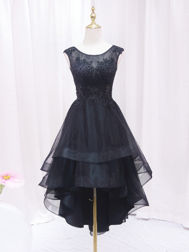 Elegant A-Line Lace Tulle Black Short Prom Dress | High-Low Hem Homecoming Dress for Teens | Perfect for School Dances, Parties & Special Occasions