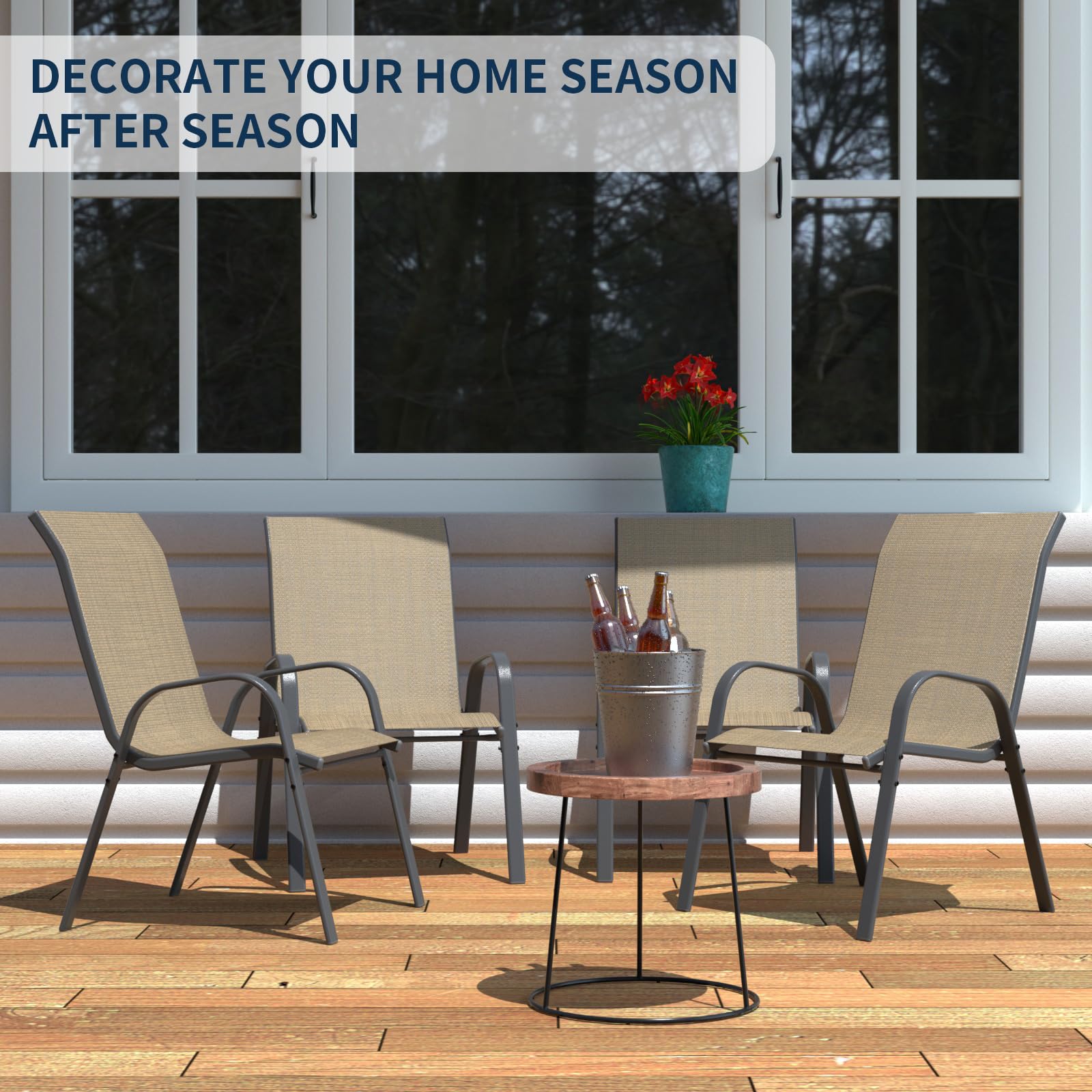 Amopatio 4-Piece Patio Chair Set - Weather-Resistant Stackable Outdoor Dining Chairs for Backyard, Deck & Garden - Breathable Comfortable All-Weather Furniture (Khaki) - Perfect for Outdoor Entertaining, BBQs & Relaxing
