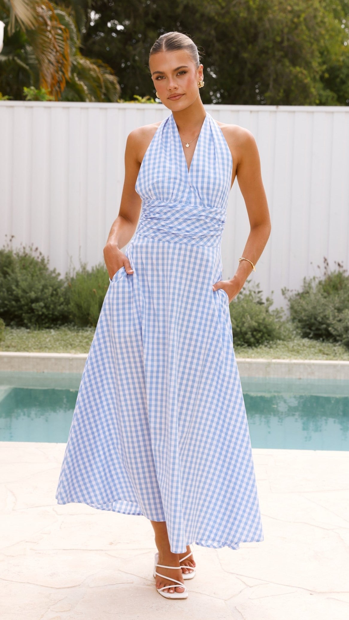 Brydie Halter Maxi Dress - Light Blue Gingham Floral Summer Dress for Women | Beach Cover Up, Vacation Outfit, Boho Chic Style