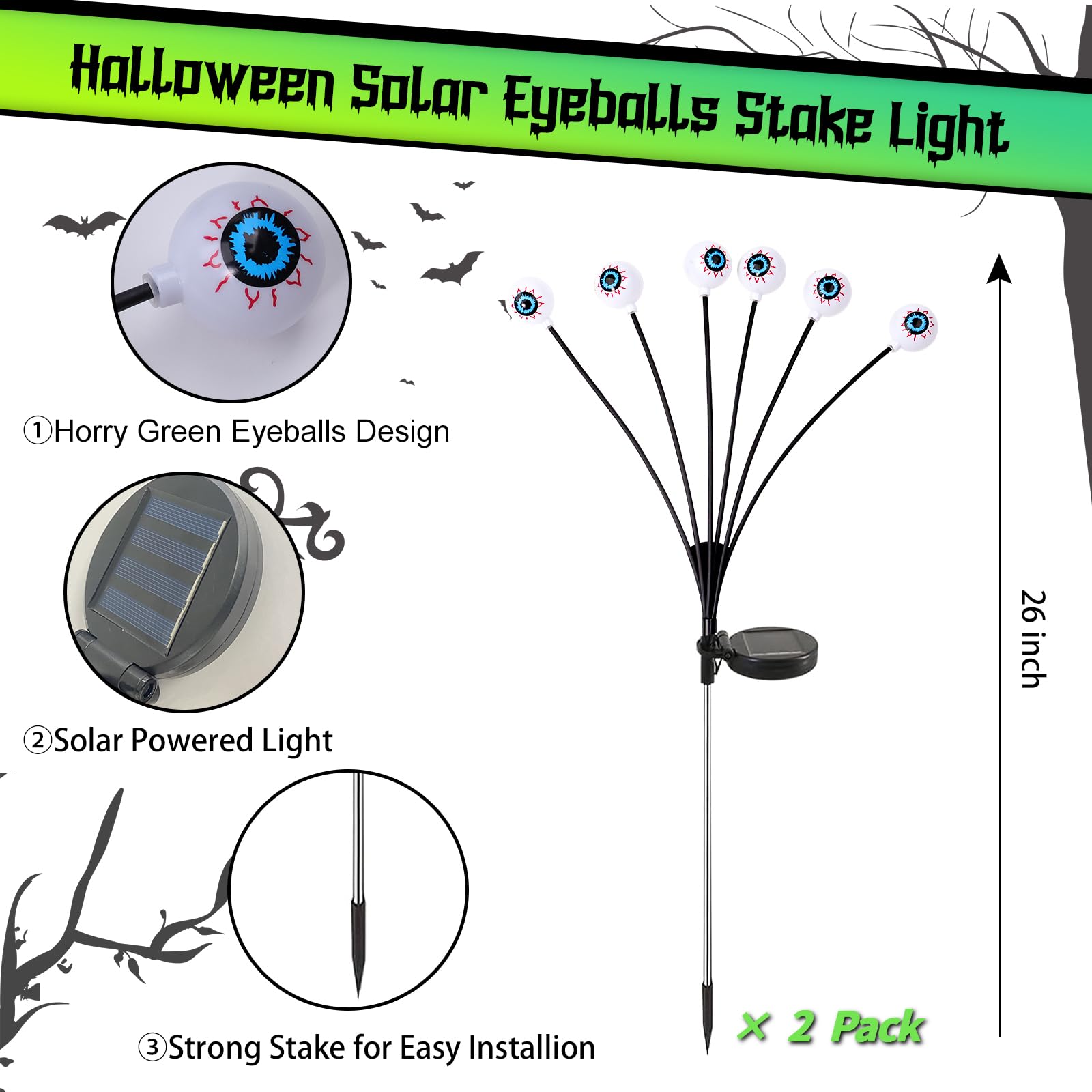 YBB 2 Pack Halloween Solar Eyeball Stake Lights - 12 LED Waterproof Swaying Scary Pathway Lights for Outdoor Garden, Yard & Lawn Decor | Perfect for Halloween Party, Haunted House & Spooky Pathway Lighting