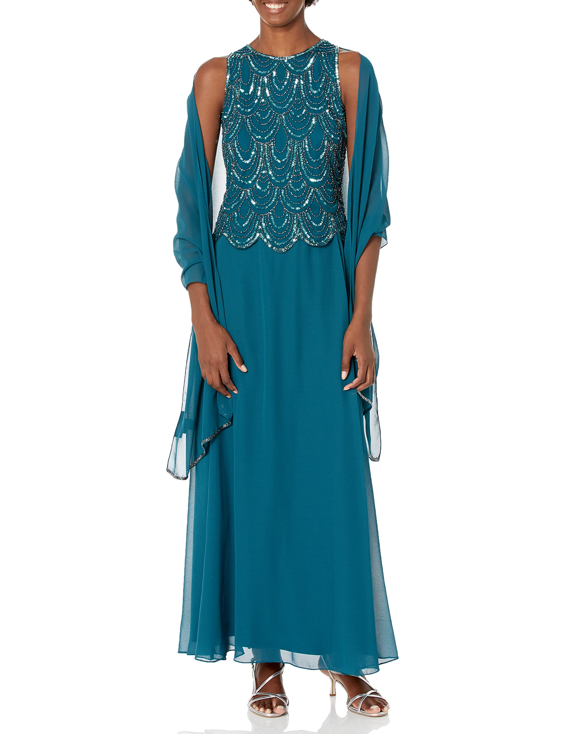 J Kara Women's Elegant Beaded Sleeveless Maxi Dress with Detachable Scarf - Perfect for Summer Weddings, Beach Vacations & Evening Parties