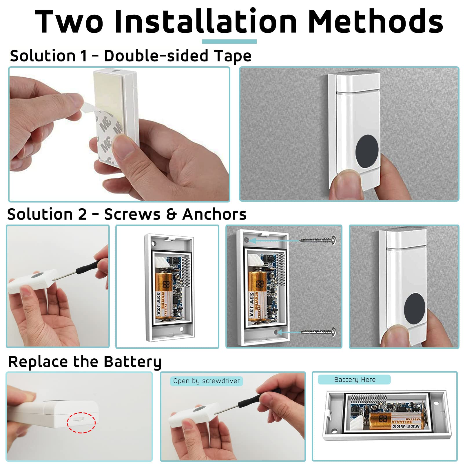 Coolqiya Mini Wireless Doorbell - 650FT Long Range Remote Door Chime with Waterproof Button & 2 USB Receivers (1 Transmitter) - Ideal for Home, Office, Apartment, and Business Security