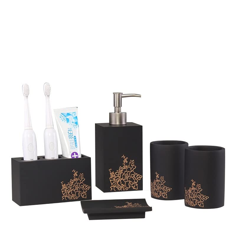 Golden Peony Carved 5-Piece Ceramic Bathroom Set - Toothbrush Holder, Mouthwash Cup & Lotion Bottle for Elegant Vanity Organization | Perfect for Home, Hotel & Spa Decor