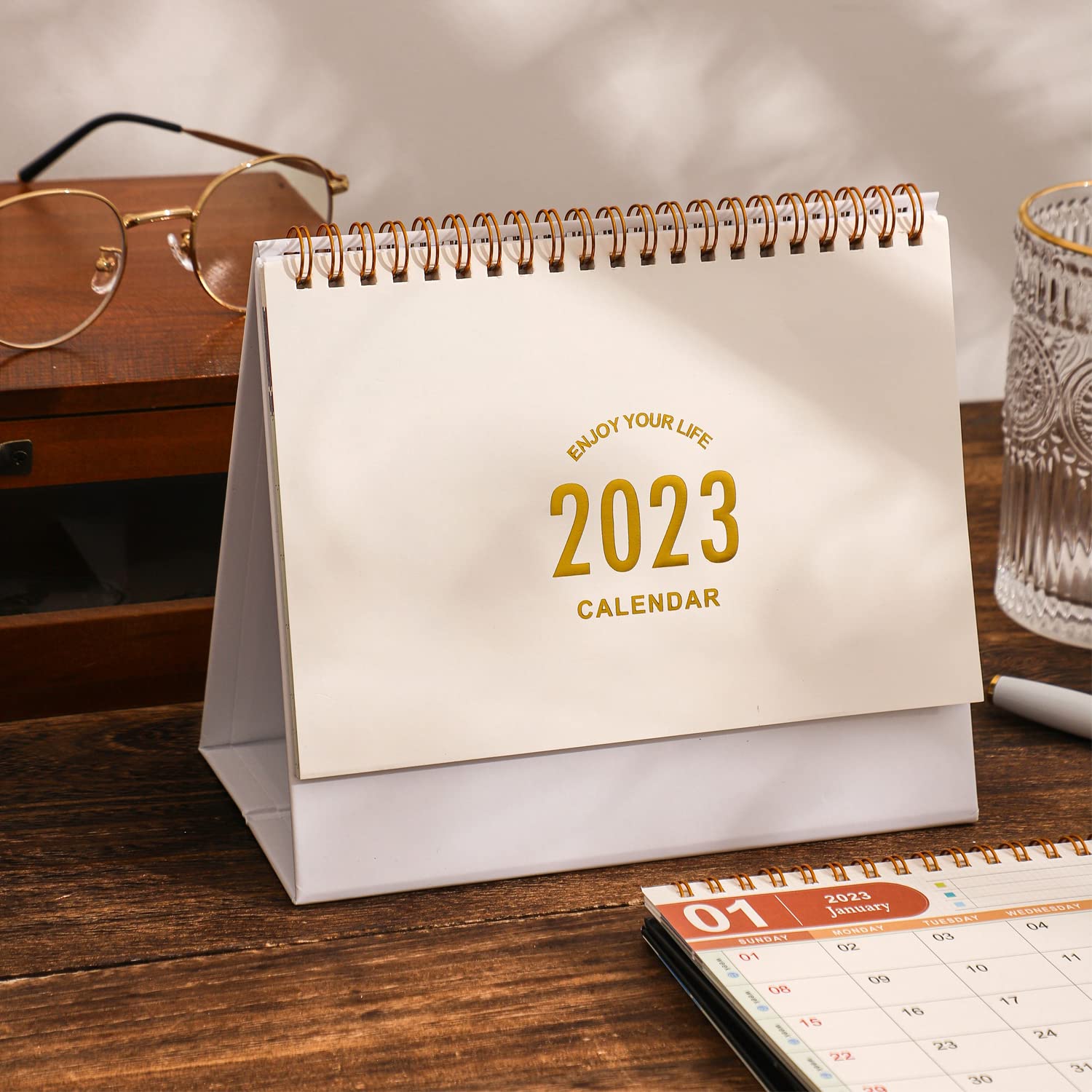 2022-2023 Small Desk Calendar | July 2022 - December 2023 Daily Planner | Thick Paper Twin-Wire Binding Standing Calendar with Stickers | Perfect for Home, Office & School Organization (White)