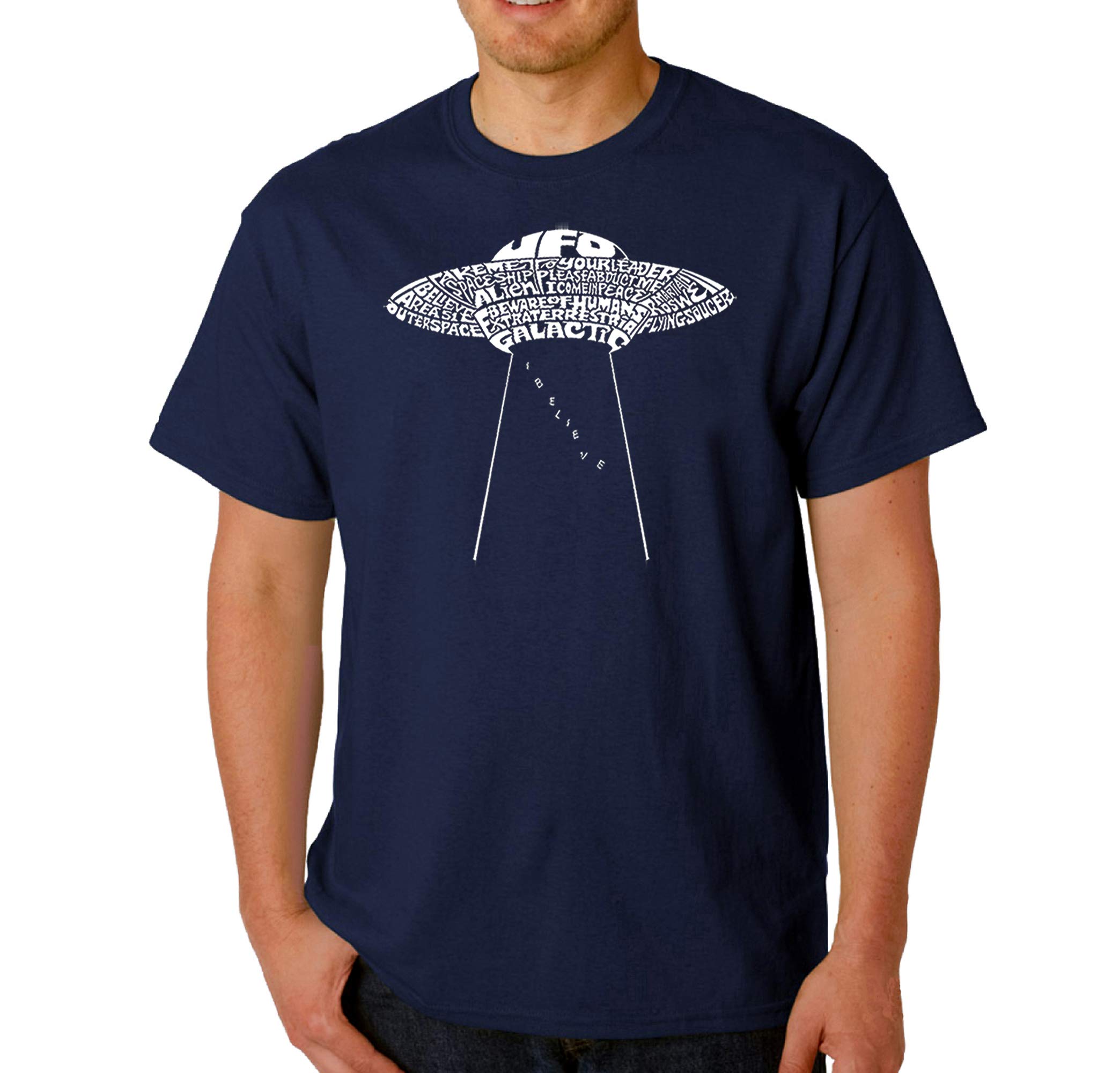 LA POP ART Men's Word Art Graphic T-Shirt - Flying Saucer UFO Design | Cool Casual Tee for Sci-Fi Fans & UFO Enthusiasts | Perfect for Comic Con, Daily Wear & Gift Giving