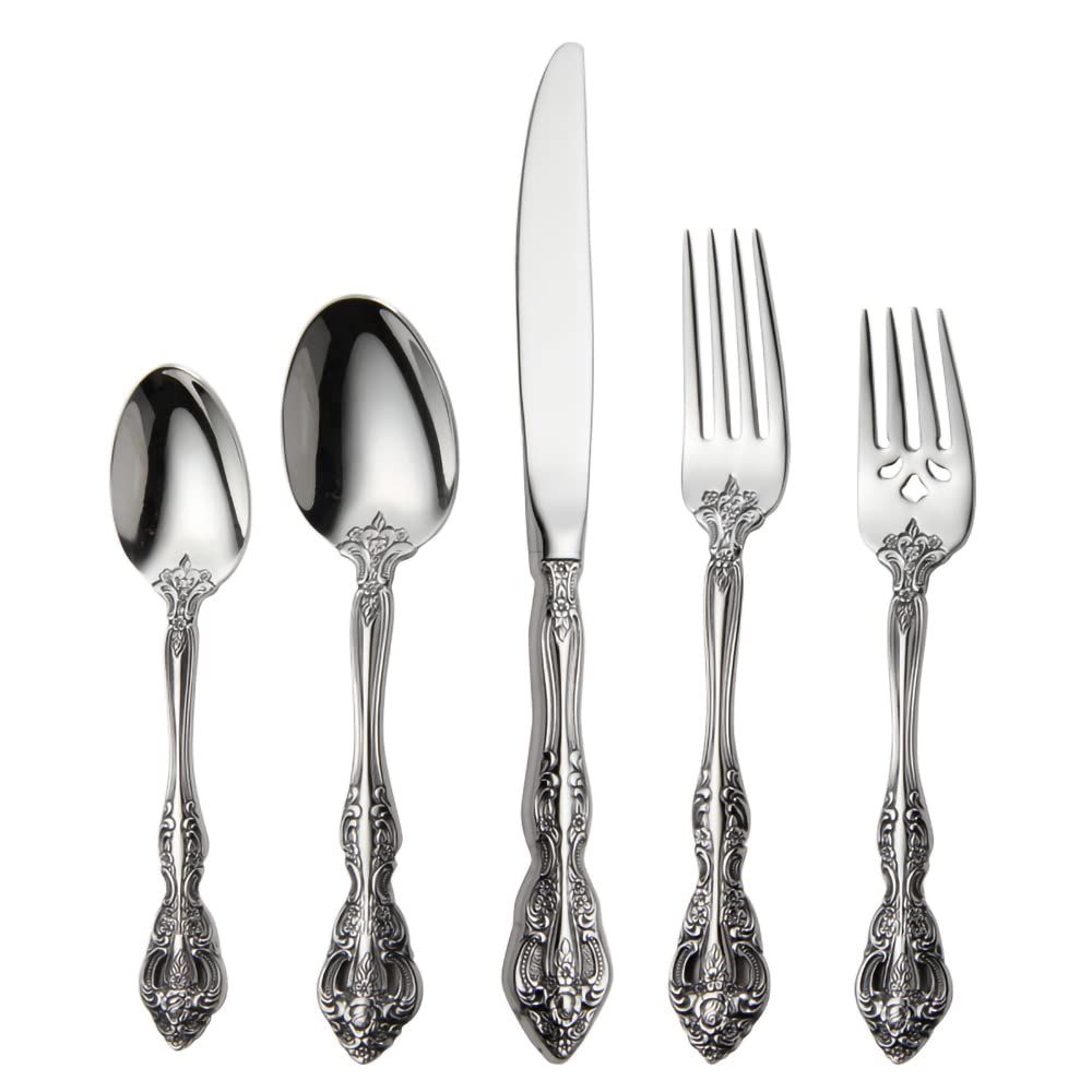 Premium 60-Piece Stainless Steel Silverware Set - European Palace Retro Style Flatware for 12 Place Settings - Dishwasher Safe Cutlery Set for Fine Dining, Wedding Registry & Home Entertaining