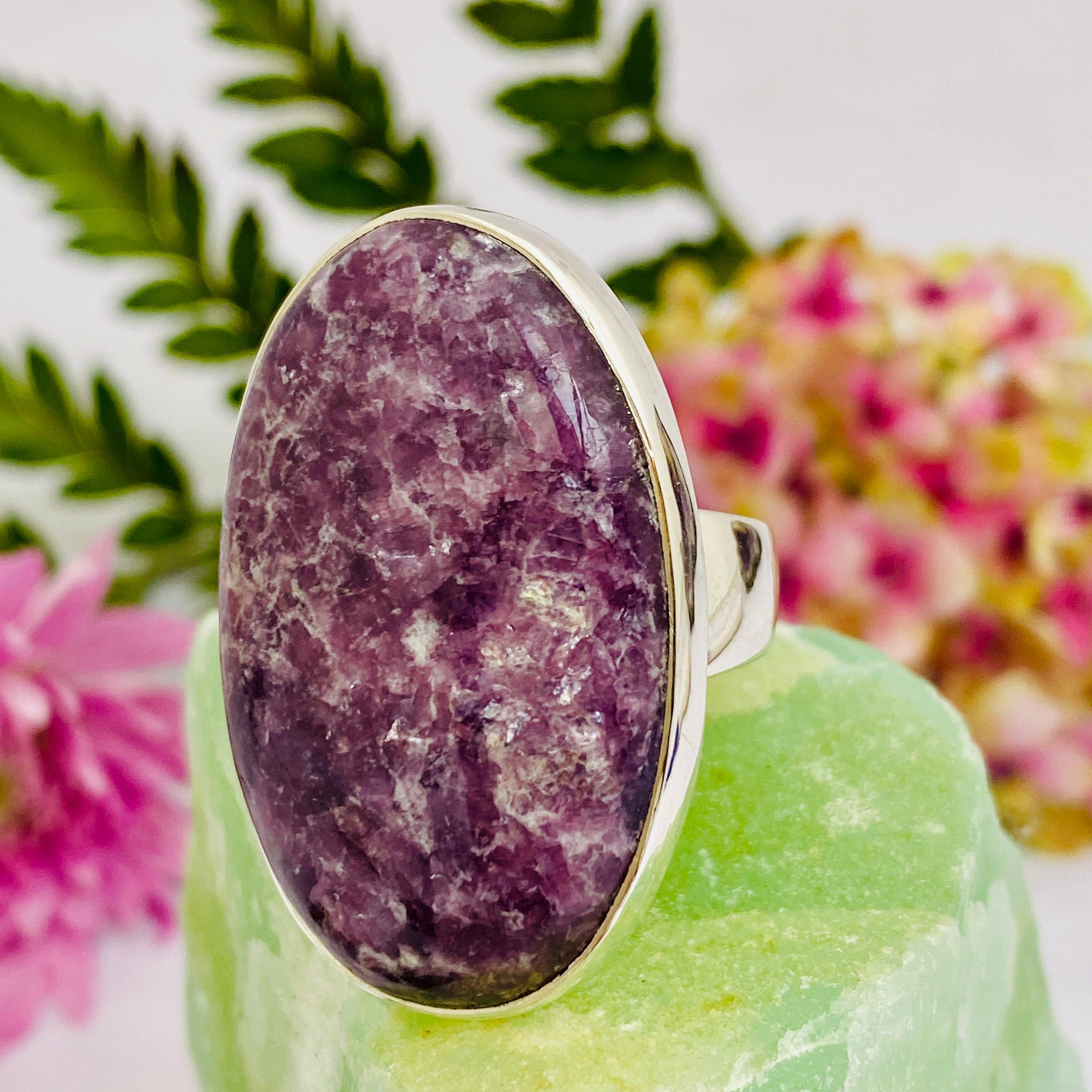 Natural Lepidolite Oval Ring - Size 10 - KRGJ2058 - Healing Crystal Jewelry for Stress Relief & Emotional Balance - Perfect for Meditation, Yoga & Spiritual Practices