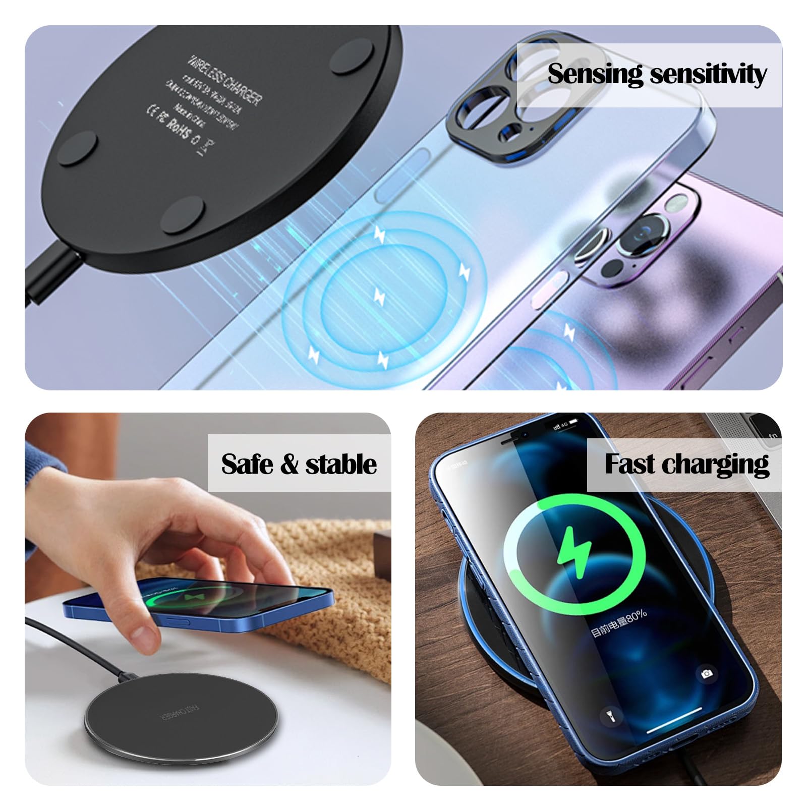 ZUOQIANG 15W Fast Wireless Charger Pad - Compatible with iPhone 14/13/12/11/Pro Max/XR/X/Plus & Samsung Galaxy S23/S22/S21 - Qi Certified Wireless Charging Station for Bedside, Office & Car (Black)