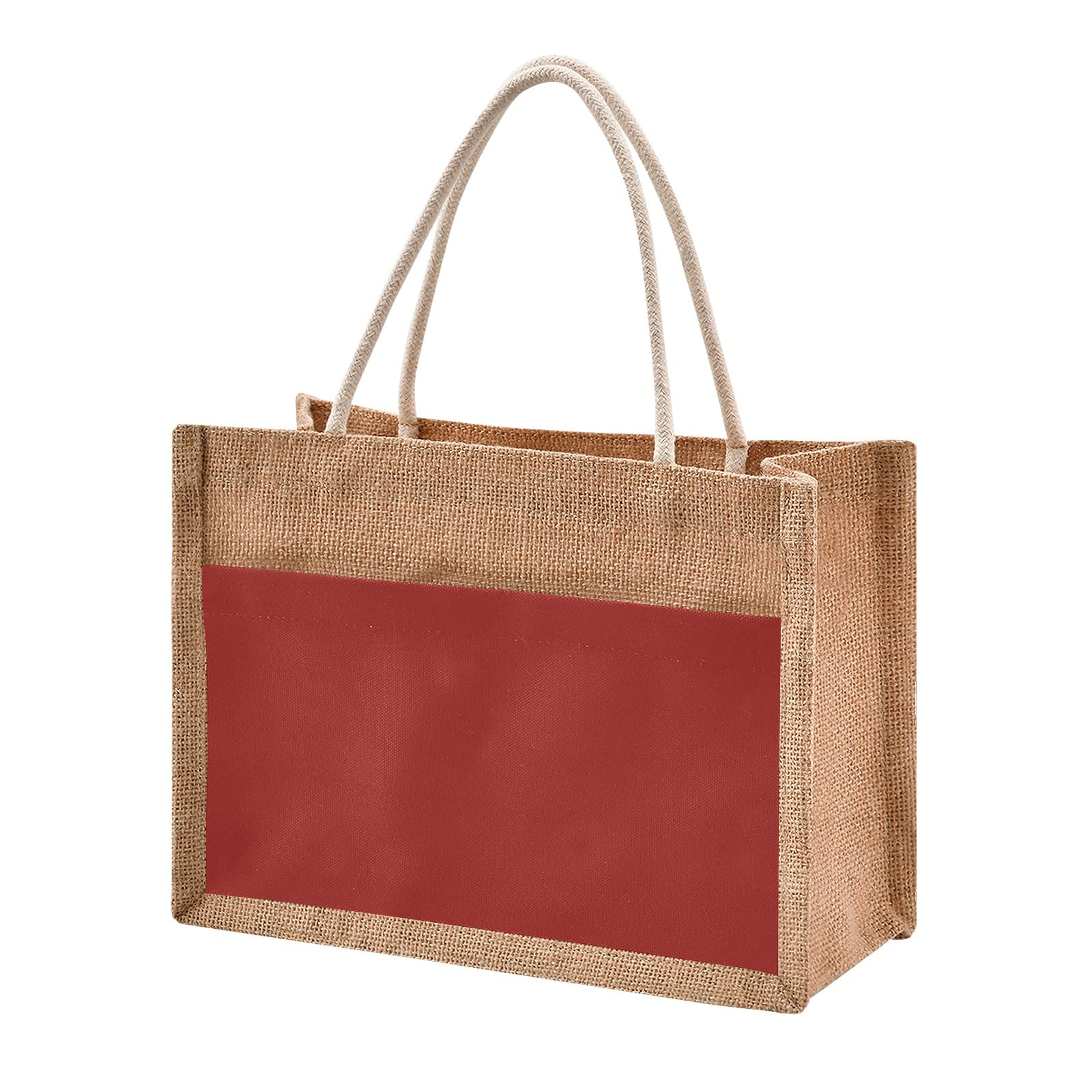 Linqin Burgundy Jute Tote Bag - Waterproof Burlap Straw Grocery Bag with Sturdy Handles for Shopping, Travel & Beach | Eco-Friendly Reusable Shopping Tote for Groceries, Picnics and Farmers Market