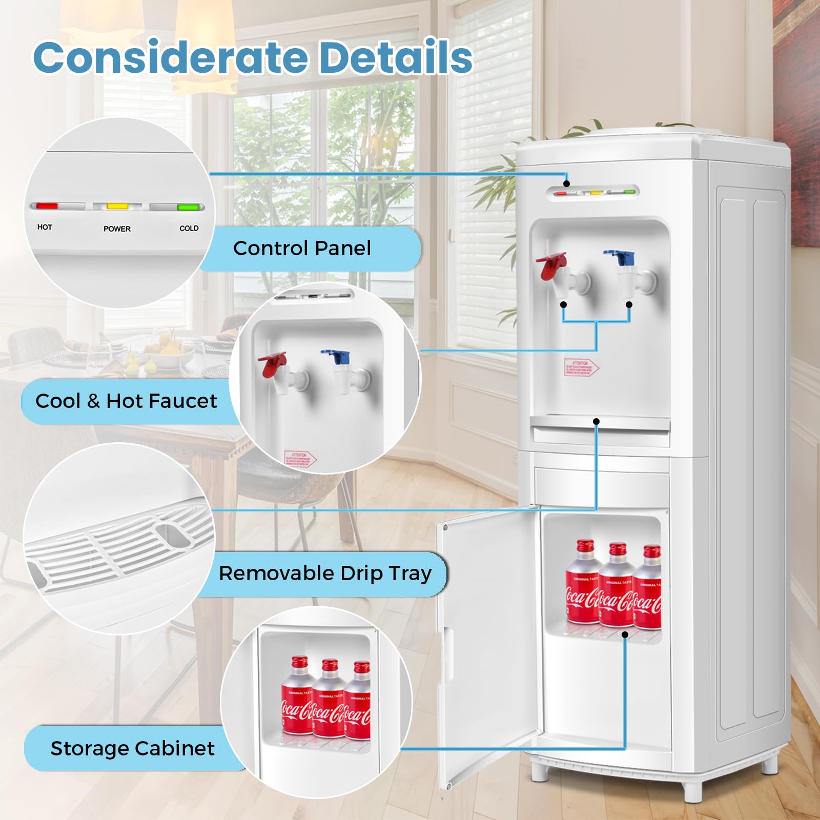 KOTEK 3-5 Gallon Top Loading Water Cooler Dispenser with Hot & Cold Water, Child Safety Lock & Storage Cabinet - Freestanding Electric Water Dispenser for Home, Office, Kitchen, Dorm - White (Perfect for Hydration, Tea, Coffee & Instant Meals)