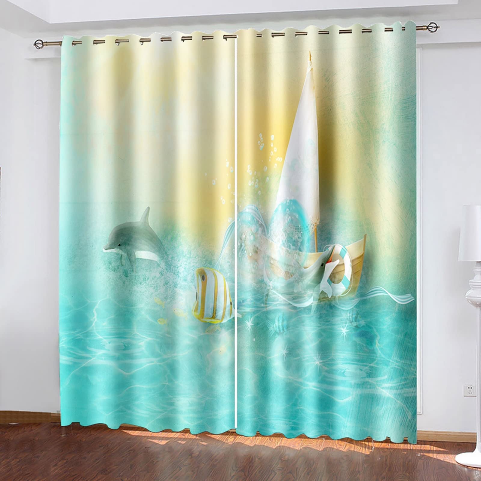 Blue Light Blocking Curtains with Dolphin & Sailboat Design - 84