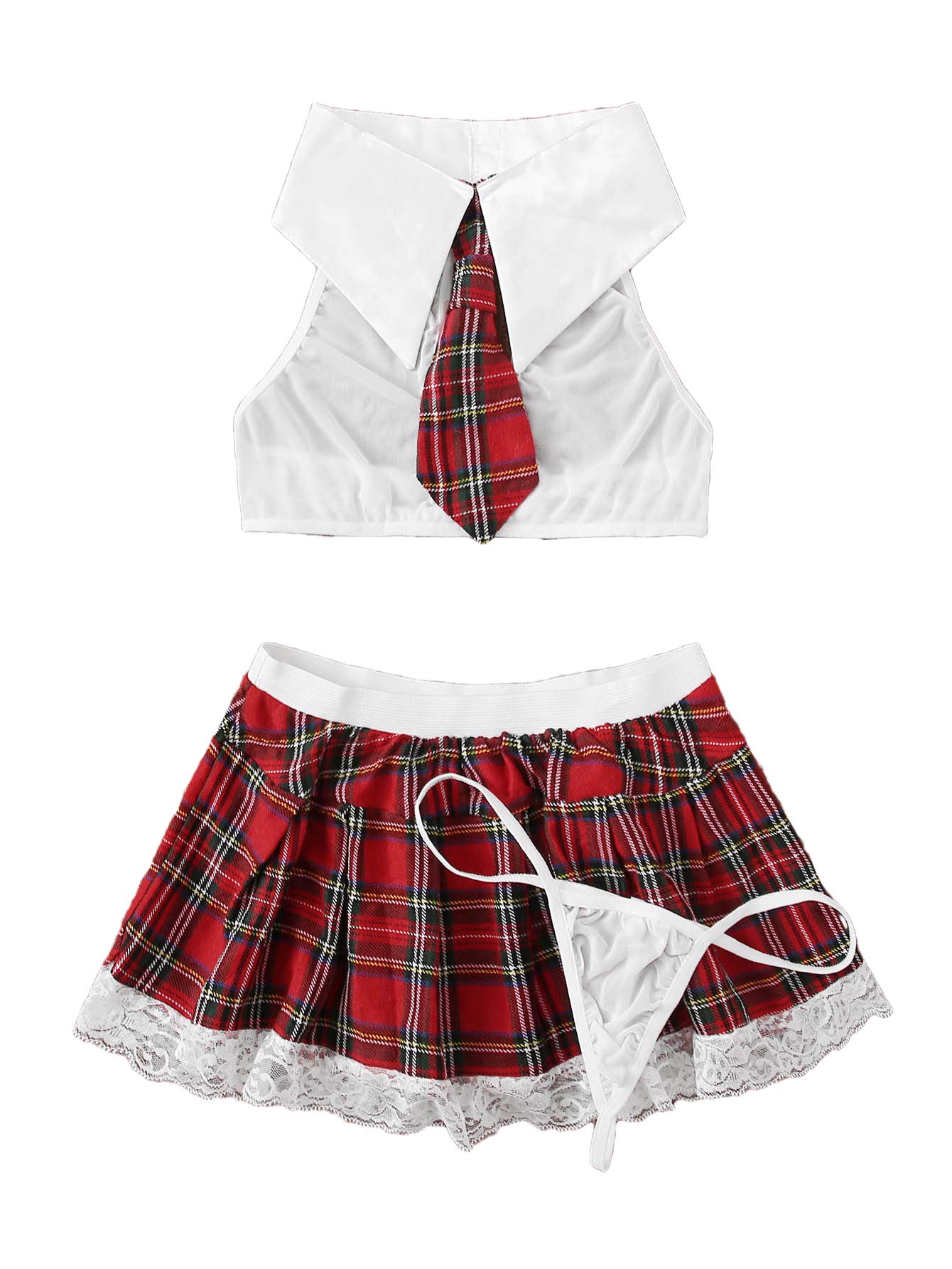SweatyRocks Women's Sexy Lingerie Set - Lace Cosplay Top & Plaid Mini Skirt Outfit for Halloween, Party & Boudoir Photography