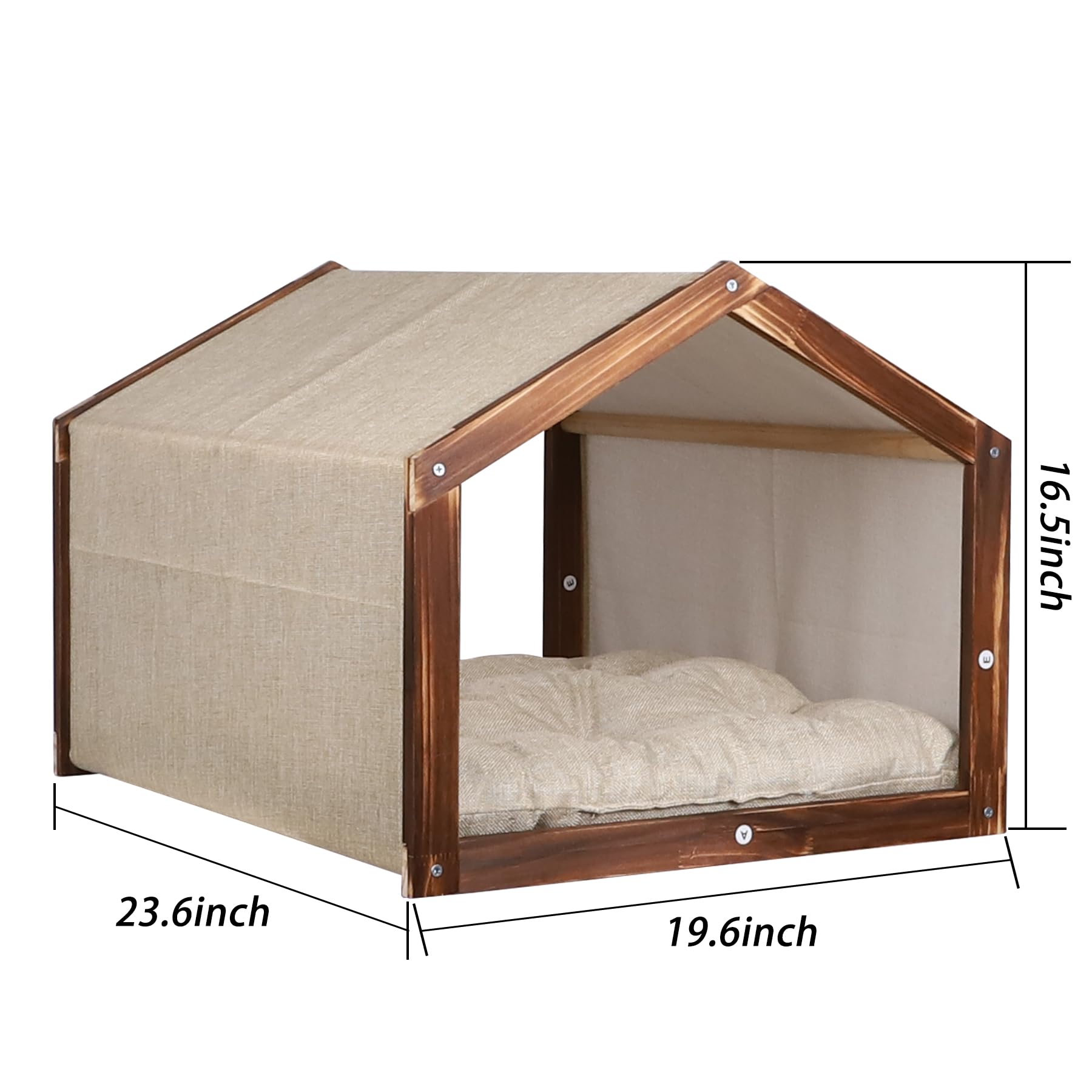 Wooden Frame Dog House for Small Dogs & Cats - Indoor Pet House with Soft Fabric Cushion (Beige) | Perfect for Living Room, Bedroom & Patio Use