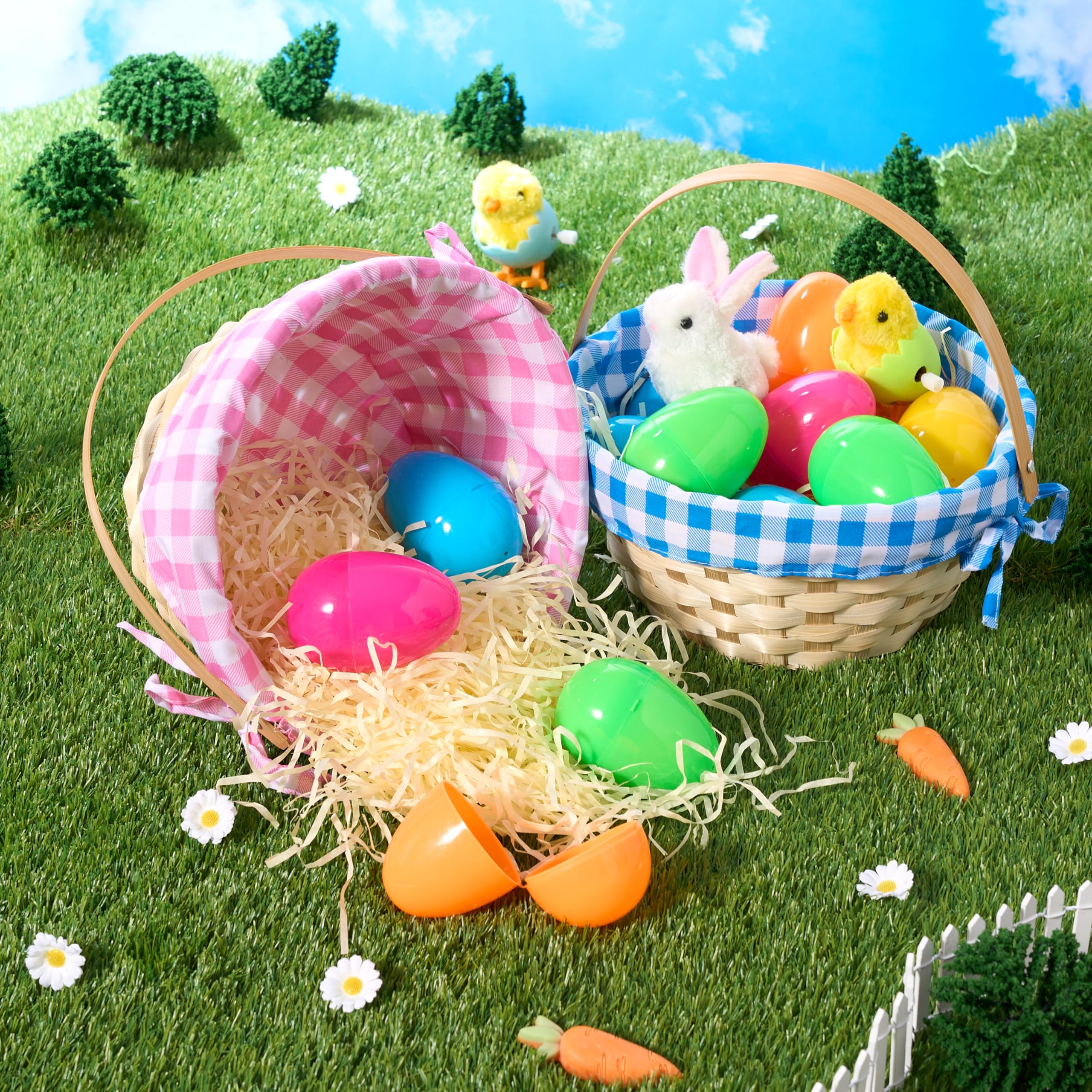 JOYIN 2-Pack Easter Bamboo Woven Baskets with Linen Liner & Handle - Decorative Party, Picnic, Easter Egg Hunt Gift Baskets for Kids (Boys & Girls) - Perfect for Candy, Treats & Holiday Decorations