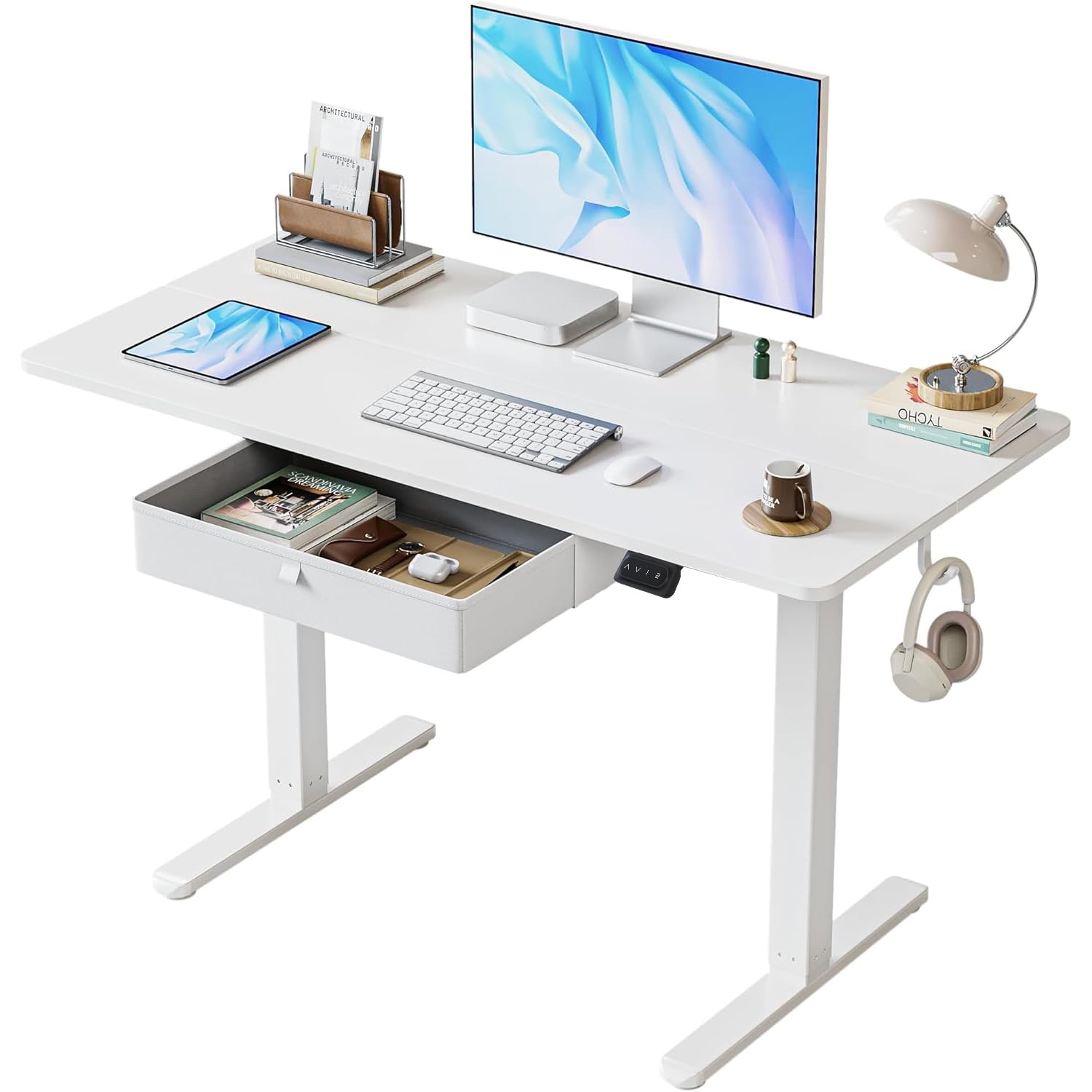 BANTI 40x24 Inches Electric Standing Desk with Drawer - Adjustable Height Sit Stand Workstation, Ergonomic Home Office Computer Desk (White) - Perfect for Remote Work, Gaming & Small Spaces