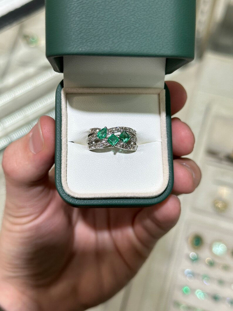 14K Gold Natural Emerald & Diamond Princess Cut 3 Stone Pave Ring - Elegant Statement Jewelry for Weddings, Anniversaries & Special Occasions