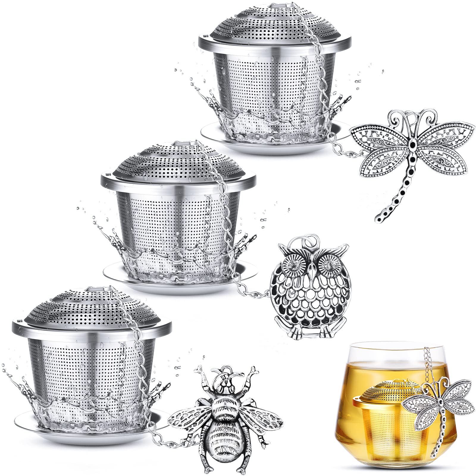 Premium 3-Piece Stainless Steel Loose Leaf Tea Infuser Set with Mesh Ball Strainer, Drip Trays & Pendant (Insect Design) - Perfect for Home, Office & Tea Ceremony Gifts