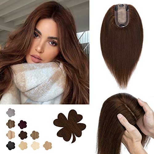 Benehair Clip-in Human Hair Topper for Women with Thinning Hair - 10 Inch Remy Hair Extensions with Silk Base, 33g, #4 Medium Brown | Natural-Looking Hair Replacement for Daily Wear, Special Occasions & Confidence Boost