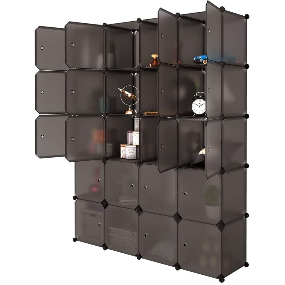 Portable Modular Wardrobe Closet with Doors - 20-Cube Plastic Storage Cabinet & 2 Hanging Sections - DIY Clothes Organizer, Bookshelf, Armoire for Bedroom & Living Room - Brown | Space-Saving Home Organization Solution for Small Apartments & Dorms