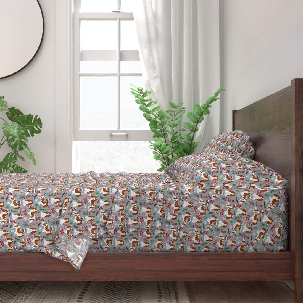 100% Cotton Queen 4-Piece Bed Sheet Set | Christmas Pet Puppy Cavalier Spaniel Holiday Candy King Charles Grey Dog Print Custom Bedding - Soft & Breathable for All Seasons, Perfect for Guest Rooms & Pet Lovers