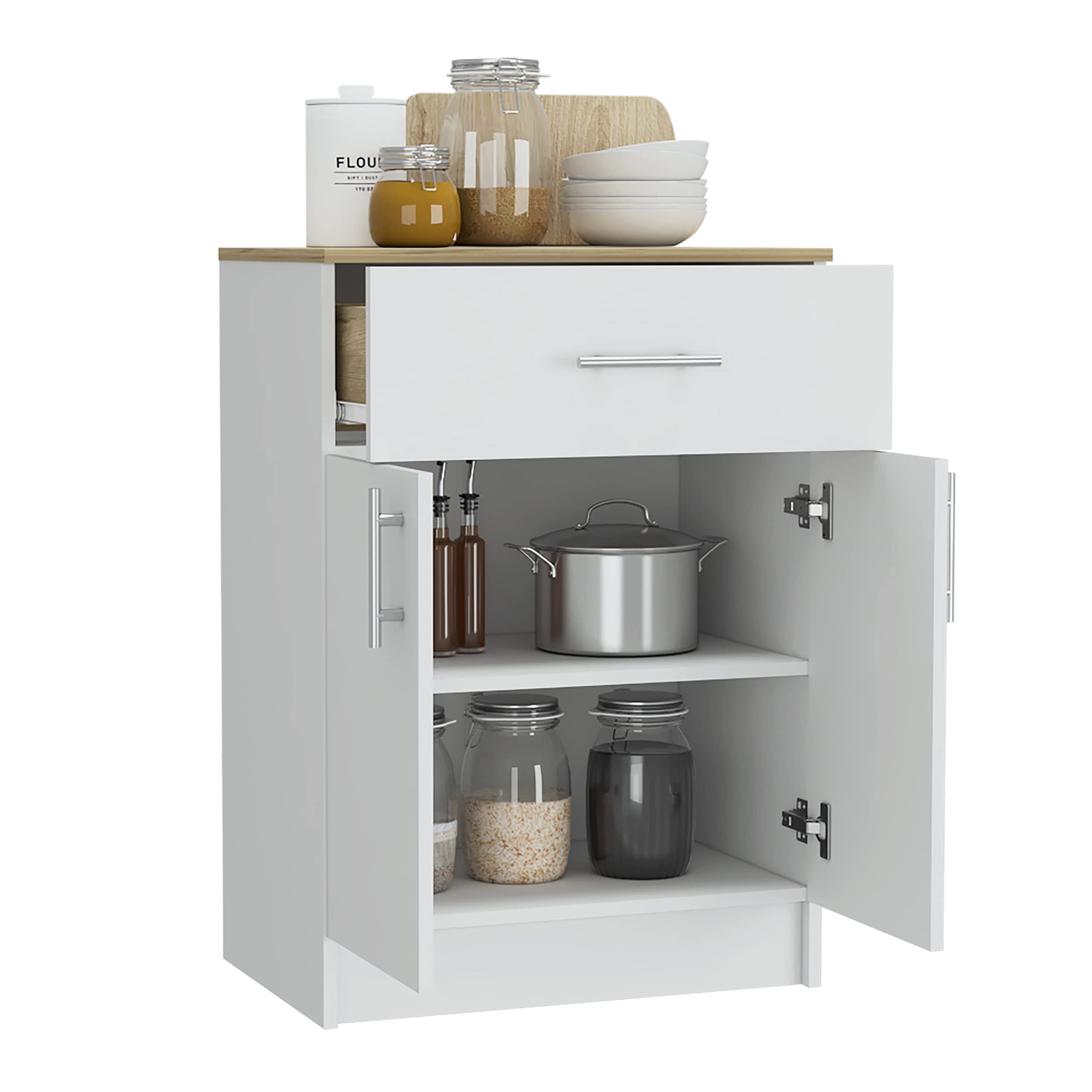White/Light Oak Oxford Pantry Cabinet with Double Doors, Drawer & Metal Handles - 2 Interior Shelves for Kitchen Storage, Pantry Organization & Dining Room Decor