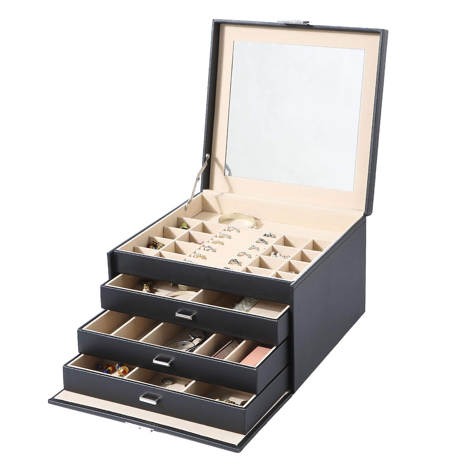 3-Tier Luxury Jewelry Organizer Box with Mirror - Perfect for Necklaces, Earrings, Bracelets, Watches & Sunglasses Storage | Elegant Black Design for Bedroom Vanity & Travel Use