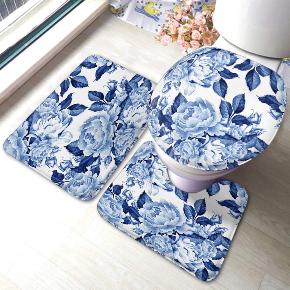 Blue Rose Bath Mat Set - Watercolor Blue Ink Peony Floral Design, Non-Slip Bathroom Rug with Toilet Lid Cover (3-Piece) | Soft & Absorbent for Bathroom, Shower, Vanity Area