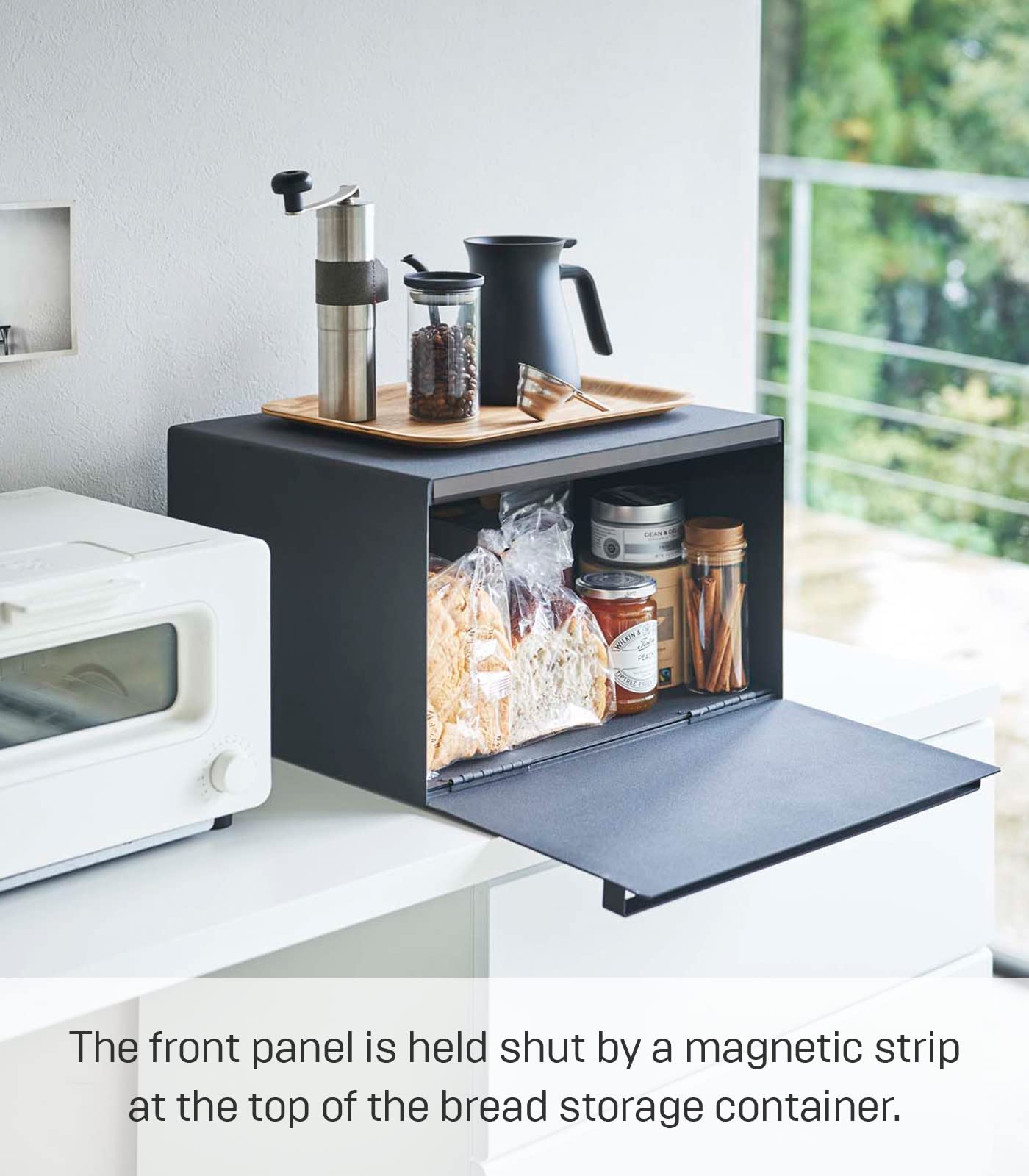 Yamazaki Home Metal Bread Box - Slim Space Saving Counter Storage for Bread, Buns & Pastries - Horizontal Steel Bread Holder for Kitchen Counter & Pantry Organization