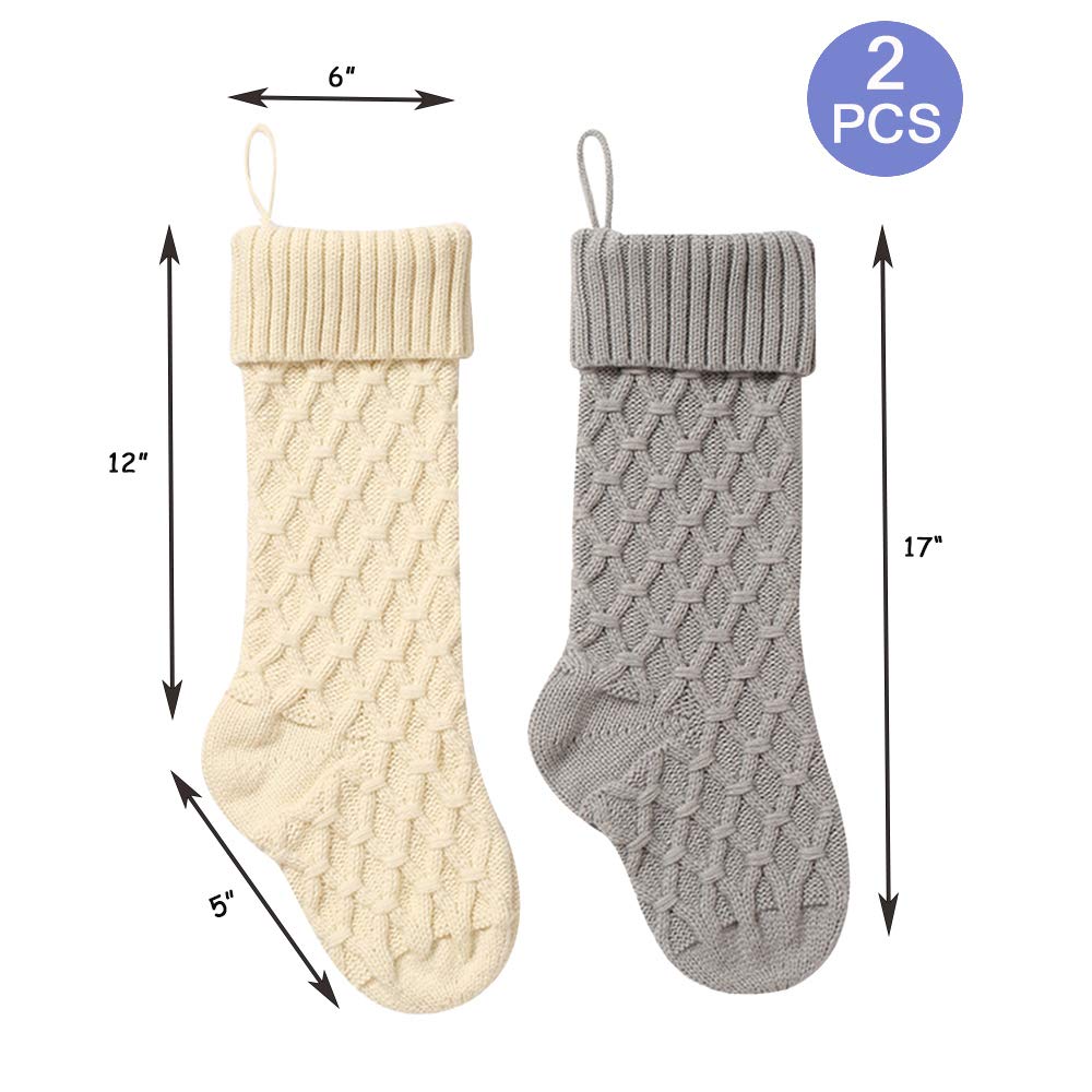 Premium Cable Knit Christmas Stockings Set of 2 - 18 Inch Classic Solid White & Gray Holiday Decor - Perfect for Fireplace Mantel, Gift Filling & Festive Home Decor