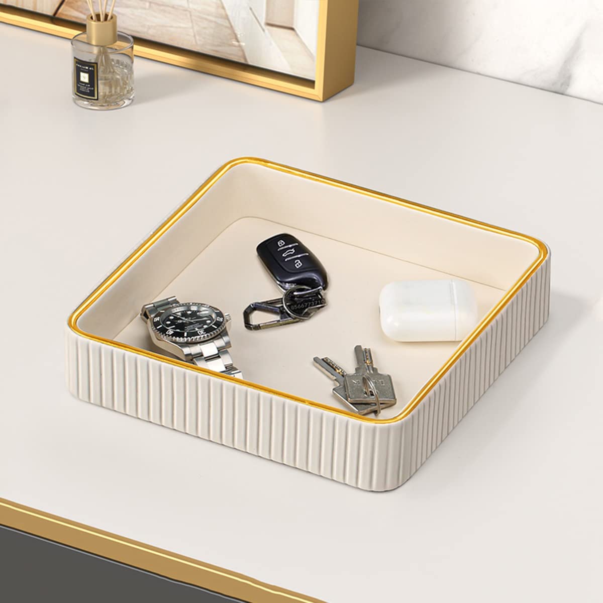 Nordic Resin Key Holder Tray - Porch Entryway Organizer for Keys, Wallet, Phone - White Square