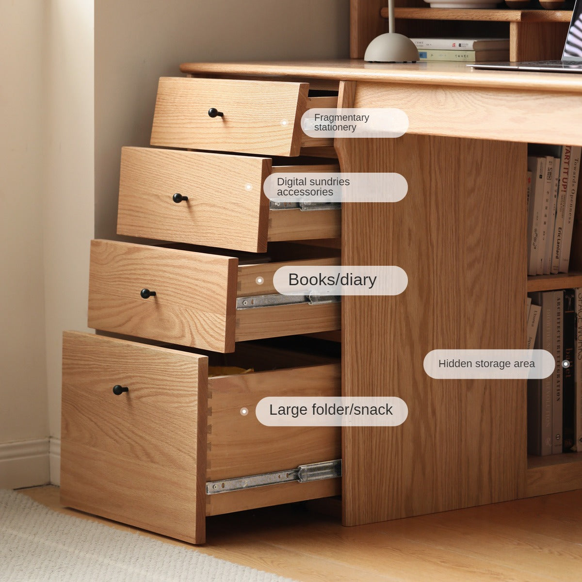 Solid Oak & Cherry Wood Desk Bookshelf with Warm LED Lighting - Perfect for Home Office, Study Room, and Library Organization
