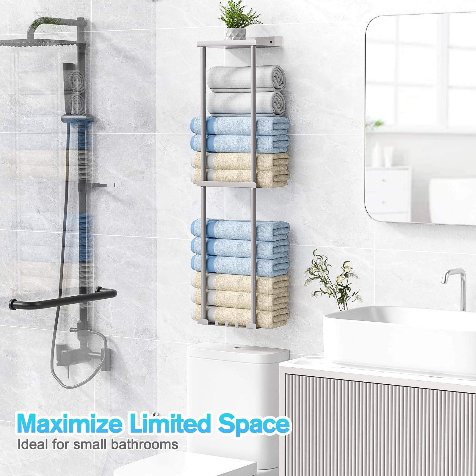 Vertical Wall Mounted Towel Rack Organizer with Shelf - Holds 6 Large Bath Towels, Space Saving Bathroom Storage in Silver Grey - Perfect for Small Bathrooms, Spa Rooms & Laundry Areas