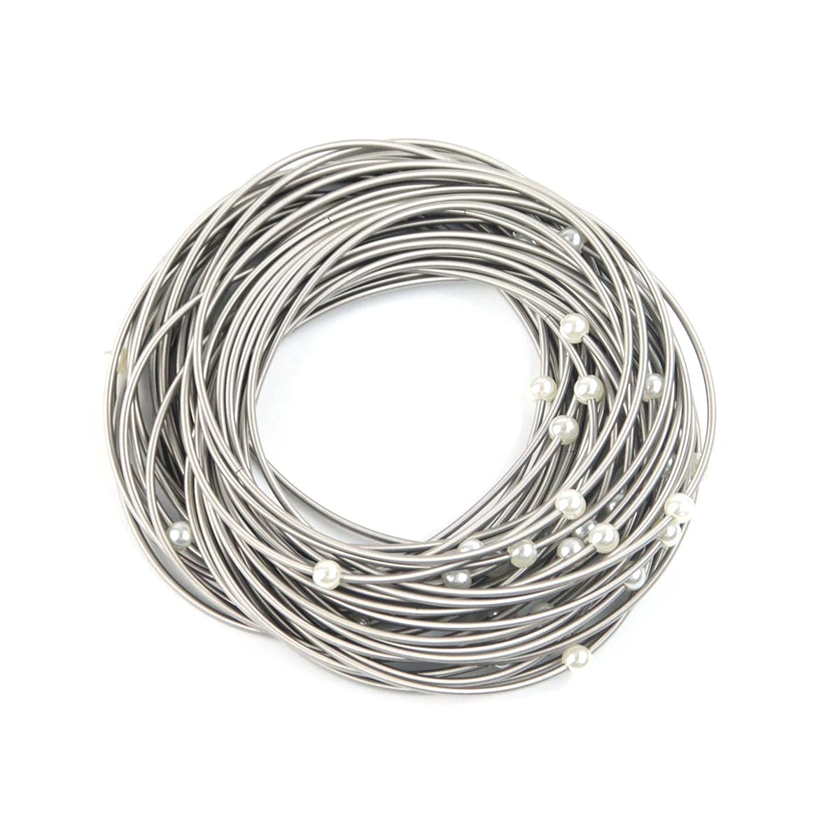 40 Pack Stainless Steel Guitar String Coil Bracelets - 4mm White Pearl Layered Stackable Bangles for Women, Flexible Adjustable Wristbands for Music Lovers, Boho Fashion Jewelry Gift for Concerts & Festivals