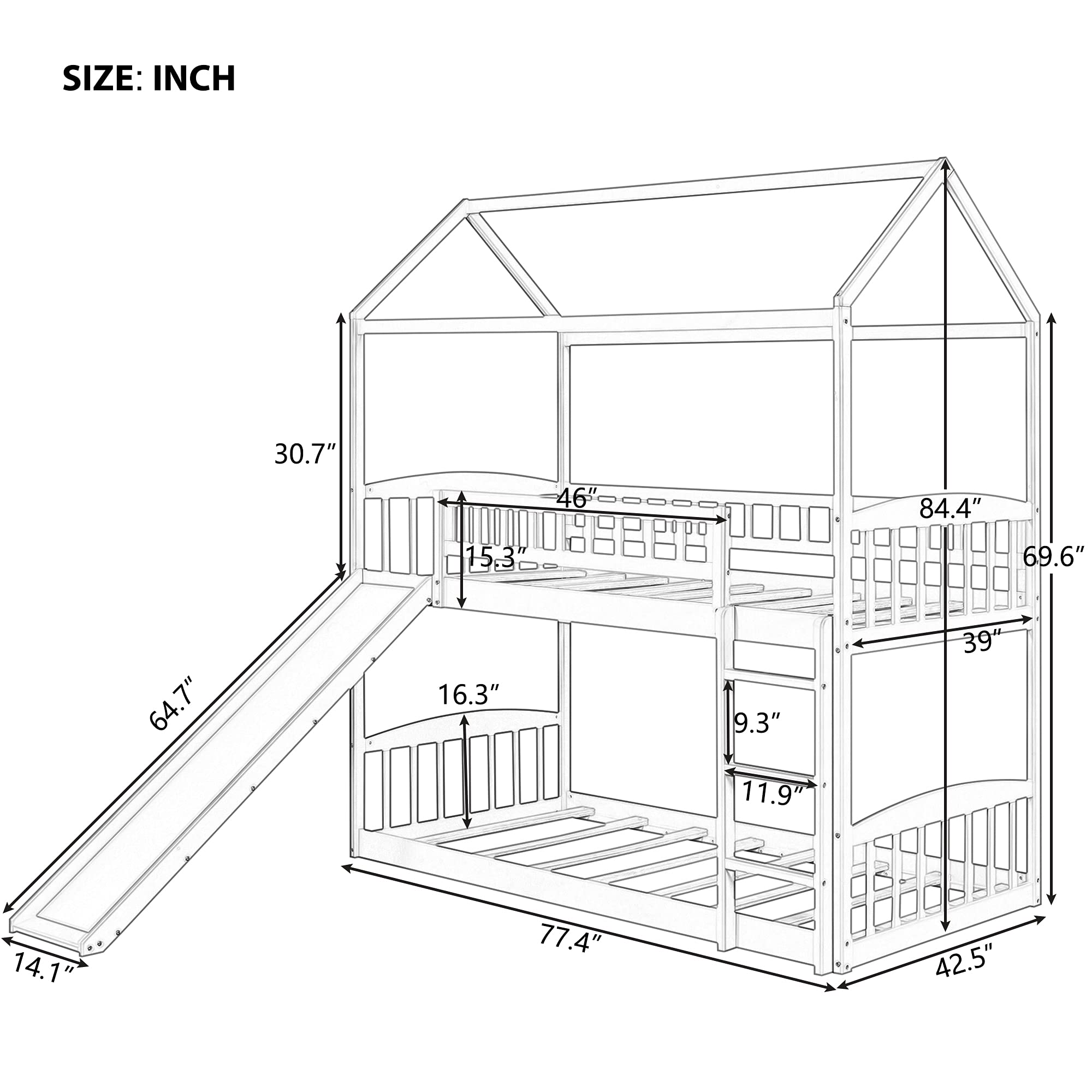 Solid Wood Twin Over Twin Bunk Bed with Slide, Roof & Guardrail - Low Profile Kids Bunk Bed for Toddlers, Boys & Girls - No Box Spring Needed (Espresso) - Perfect for Small Bedrooms, Playrooms & Sleepovers
