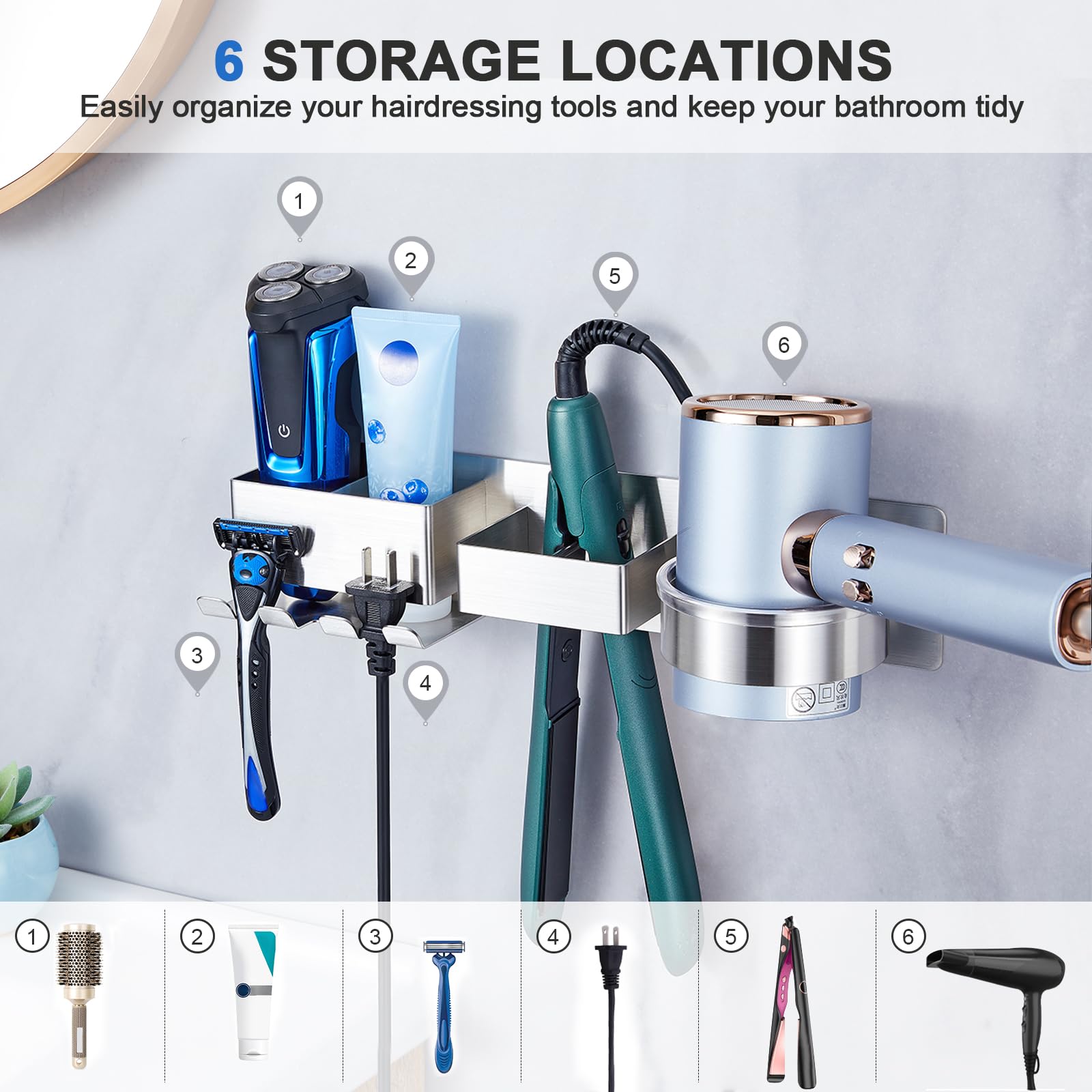 Wall Mounted Hair Straightener & Blow Dryer Holder - Stainless Steel Hair Tool Organizer with Adhesive & Plug Hook - Perfect for Bathroom, Salon & Home Hair Styling Storage