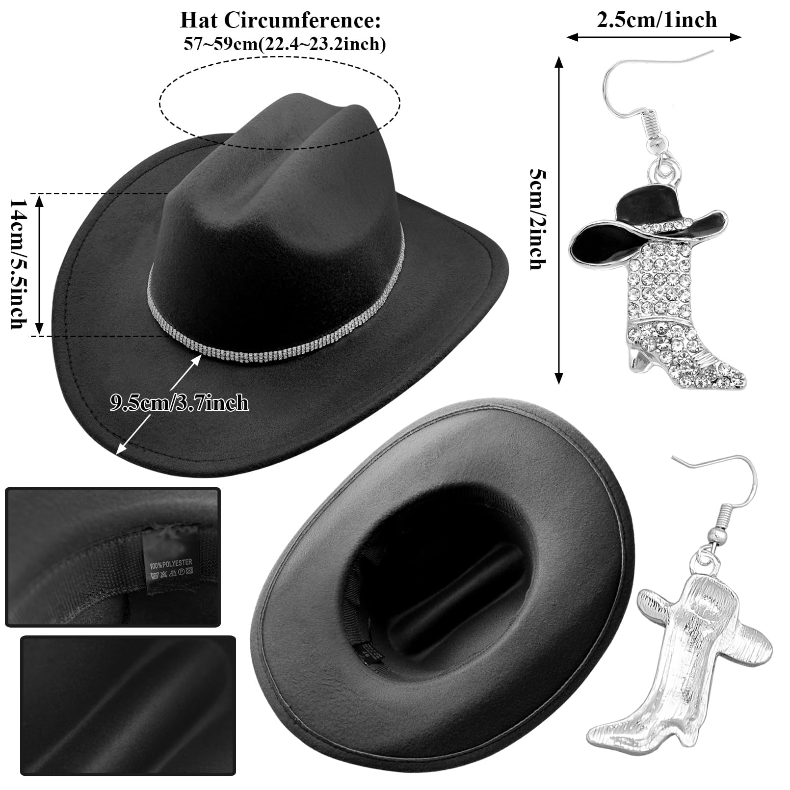 Western Cowgirl Boots & Rhinestone Earrings Set with Felt Fedora Hat - Women's Rodeo Outfit Size M - Perfect for Country Concerts, Line Dancing & Cowboy Themed Parties