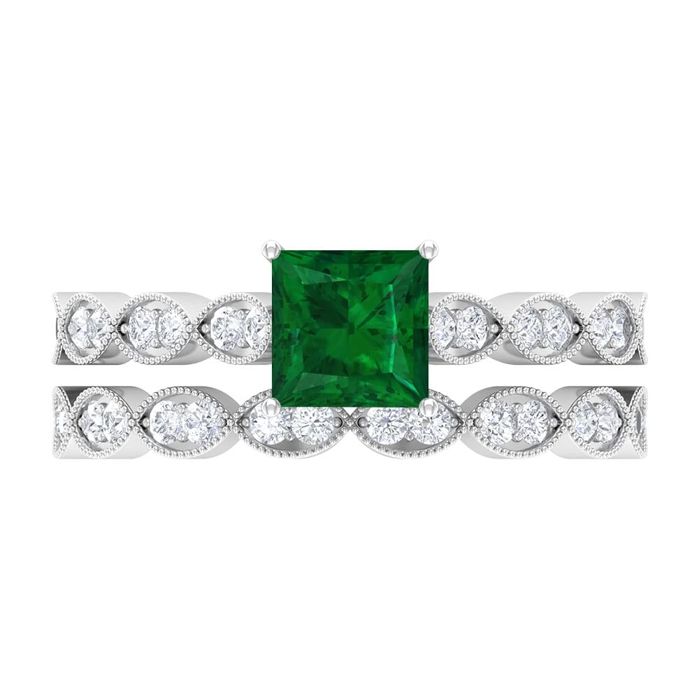 1.75 CT Princess Cut Created Emerald & Moissanite Ring Set in 14K Solid Gold - Elegant Solitaire Engagement Jewelry for Women, Perfect for Weddings & Anniversaries