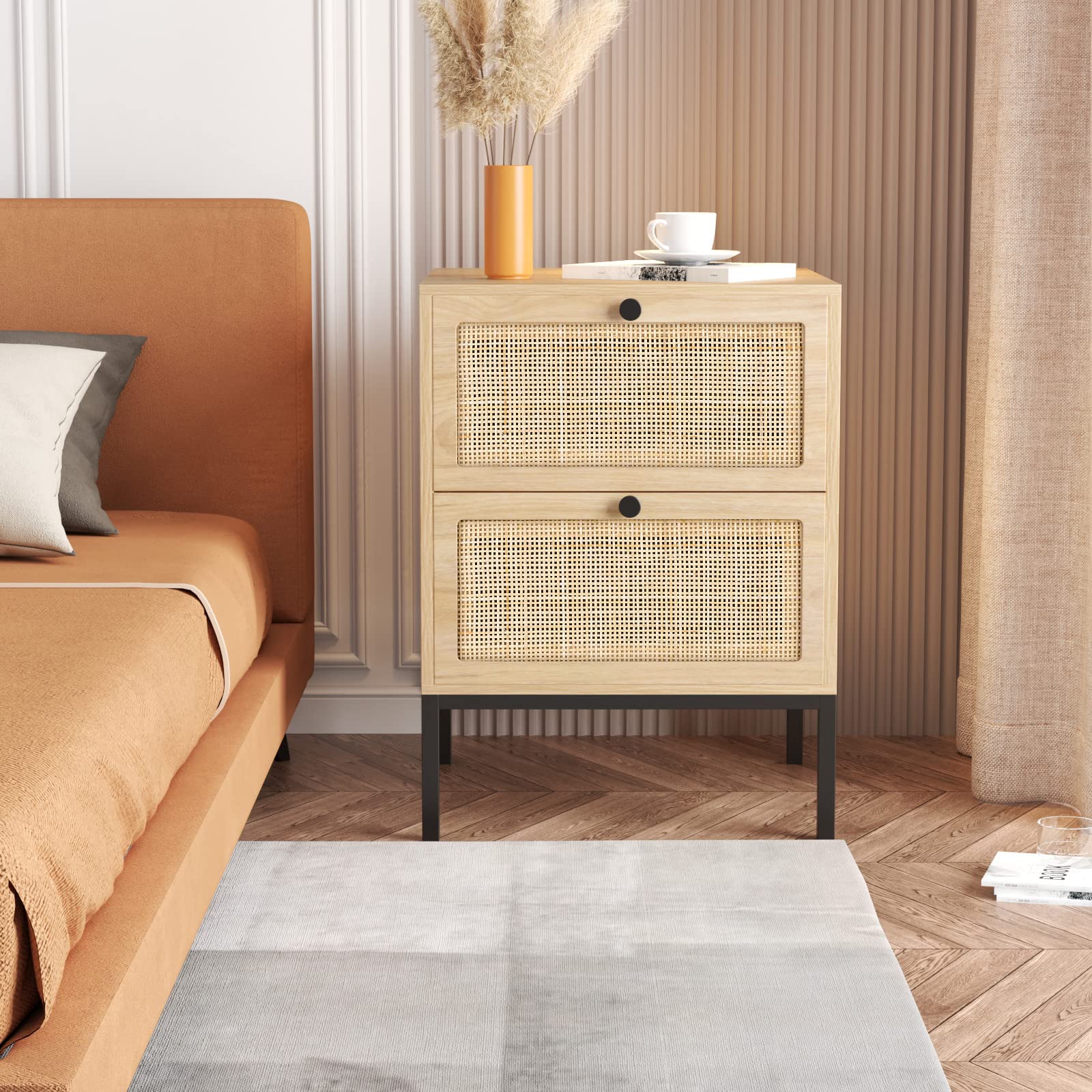 Rattan Nightstand Set of 2 - Boho Bedside Tables with Natural Woven Drawers, Modern Farmhouse Night Stand for Bedroom & Living Room, Natural Finish with Sturdy Metal Legs | Perfect for Cozy Bedrooms, Guest Rooms & Boho-Chic Home Decor