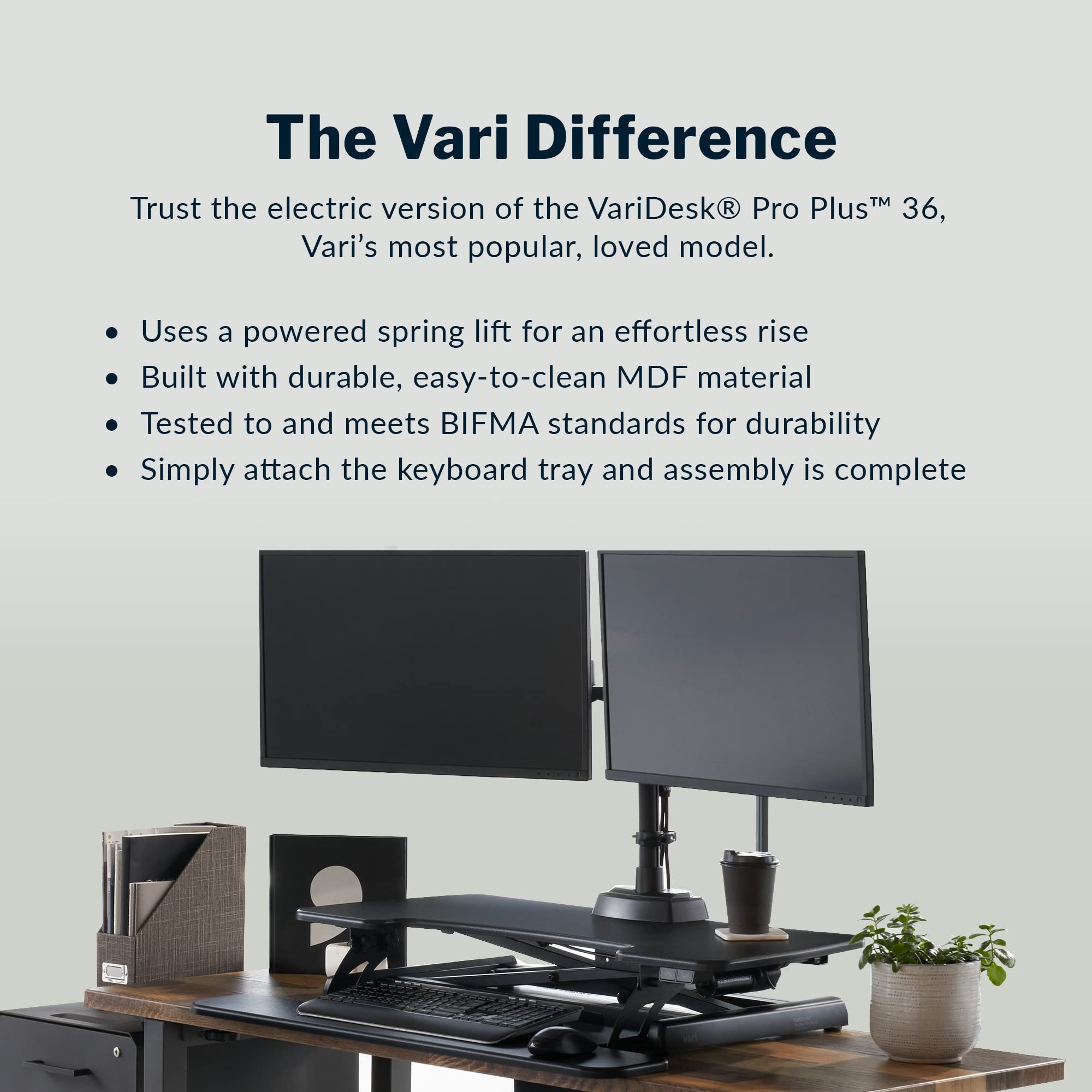 Vari Electric Standing Desk Converter - Height Adjustable Dual Monitor Workstation for Home Office | Black | Ergonomic Sit-Stand Desk Riser for Computer, Laptop & Workspace Productivity