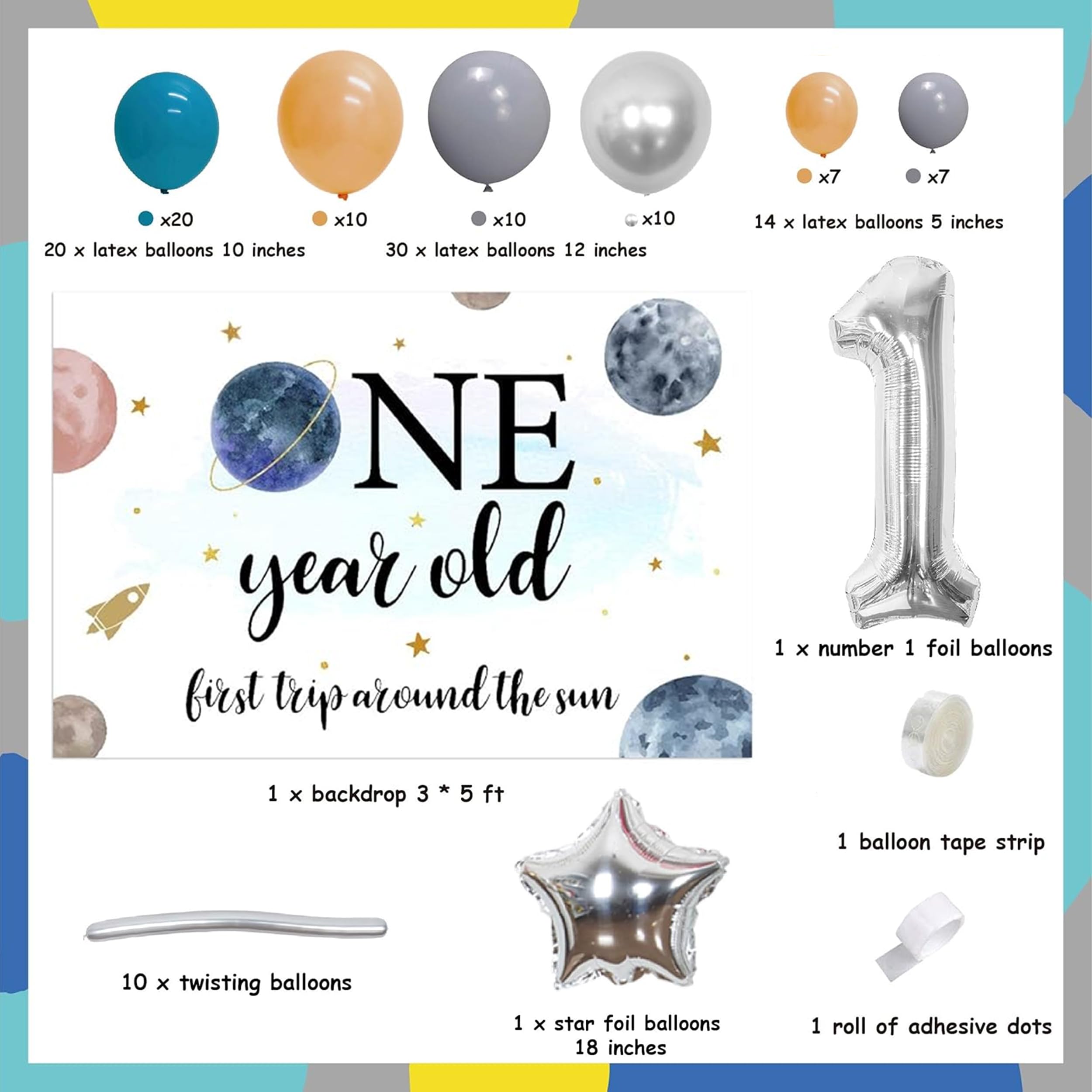 Outer Space Themed 1st Birthday Party Decorations for Boys - First Trip Around the Sun Balloon Garland Arch, One Year Old Backdrop, Planet Star Astronaut Foil Balloons | Perfect for Baby Boy's First Birthday, Space-Themed Nursery Decor, and Cosmic Celebration Parties