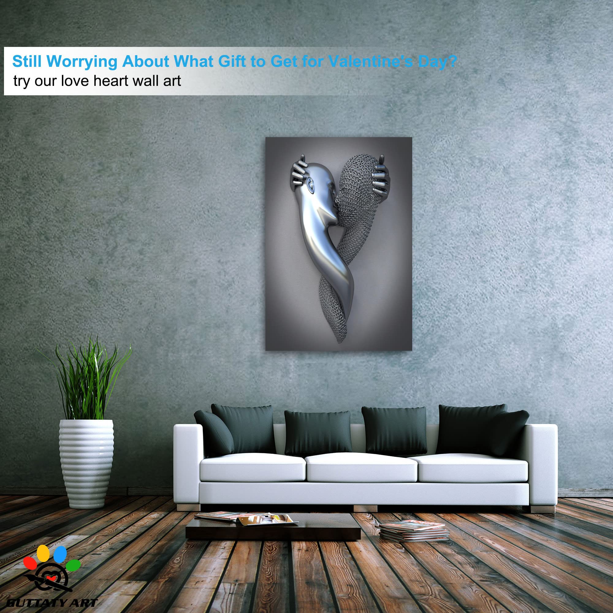 3D Metal Effect Love Heart Gray Canvas Wall Art - Romantic Kissing Couple Painting for Bedroom & Living Room Decor - Valentine's Day Gift for Couples (32x48 Inches) - Perfect for Anniversary, Wedding & Home Interior Design