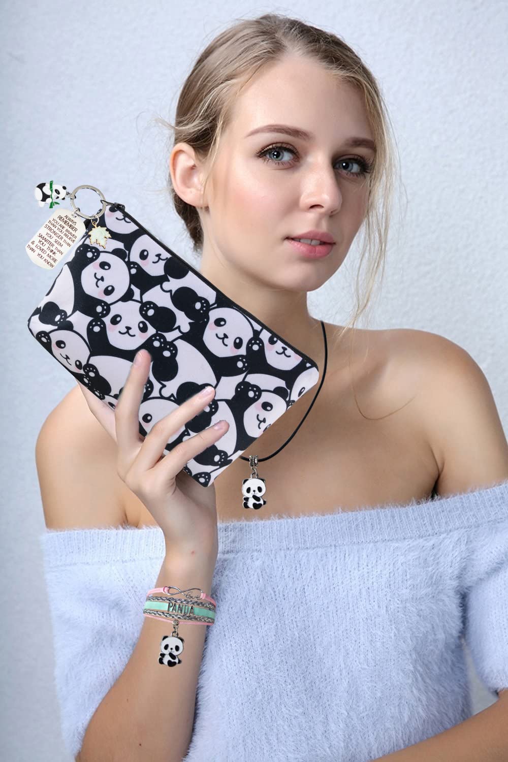 LittleBlueDeer Panda Jewelry Set for Girls - Cute Panda Bear Necklace, Keychain, Makeup Bag & Bracelet Charms | Perfect Birthday Gift for Kids, Teens & Panda Lovers | Great for School, Parties & Everyday Wear