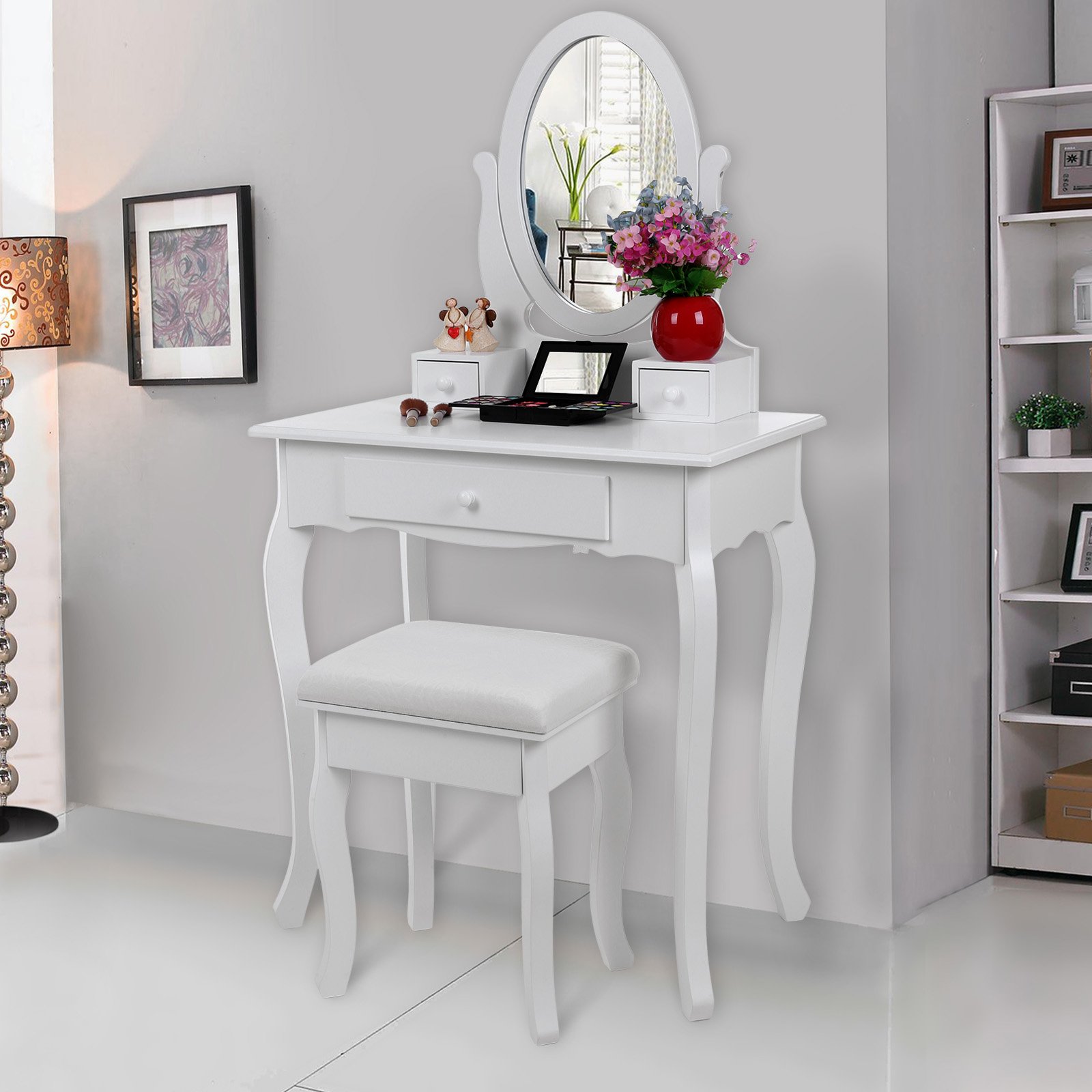 SONGMICS Makeup Vanity Table with 3 Drawers, Oval Mirror & Padded Stool - 70 x 40 x 130 cm Beauty Dressing Table for Bedroom (RDT004) - Perfect for Cosmetics Storage & Getting Ready Area
