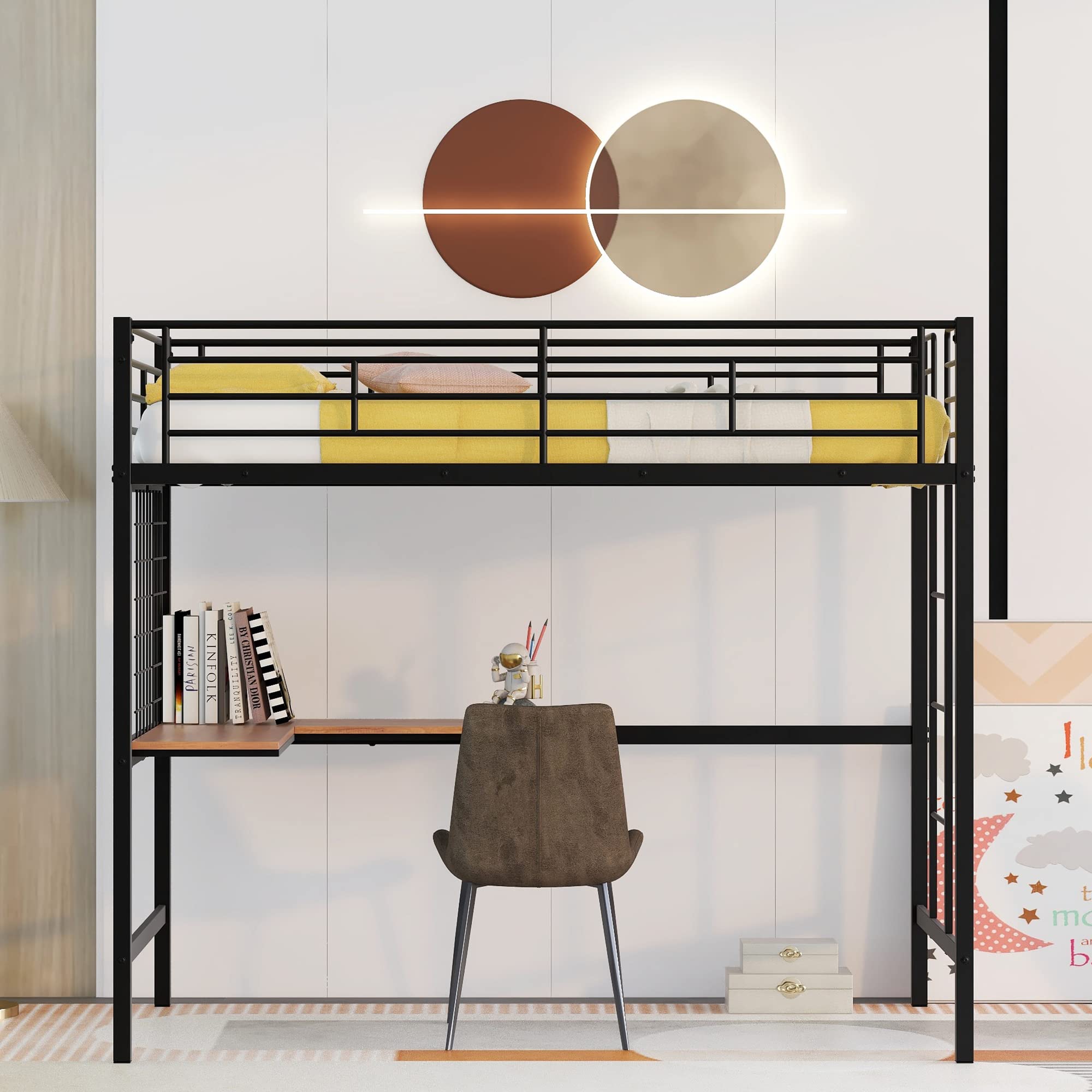 Twin Metal Loft Bed with Study Desk & Storage - Space-Saving Bunk Bed for Kids & Teens - Black Sturdy Metal Frame for Bedroom, Dorm Room or Small Spaces