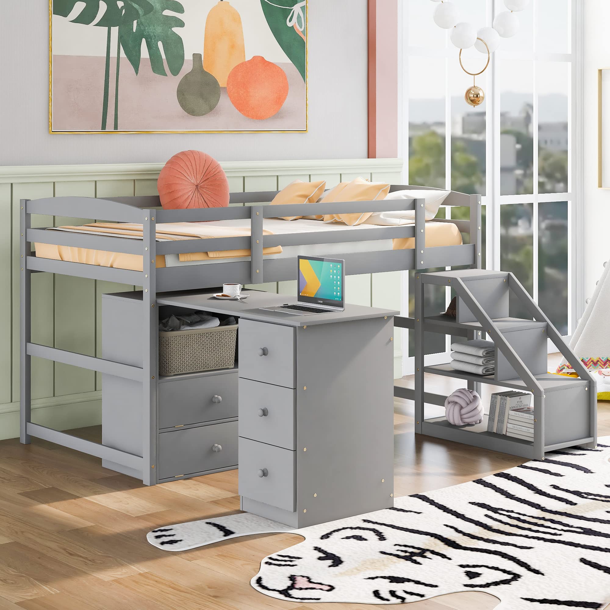 **Versatile Twin Size Loft Bed with Built-in Desk & Storage Drawers – Solid Wood Low Loft Bed Frame with Full-Length Guardrail & 3-Step Stairs – Perfect for Kids, Teens & Adults (Grey-1) – Ideal for Small Spaces, Dorms & Shared Rooms**