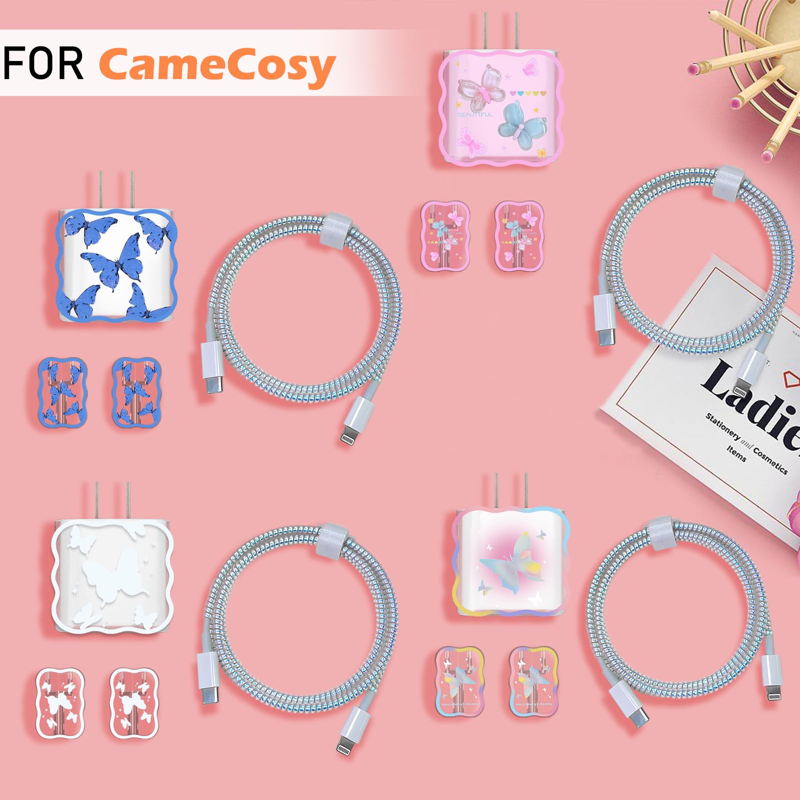 Glitter Butterfly DIY Cable Protector for iPhone Charger - Cute Waves Design USB Wire Saver Compatible with iPhone 11/12/13/14 Pro Max/Plus/XS - Perfect for Home, Office & Travel Accessories