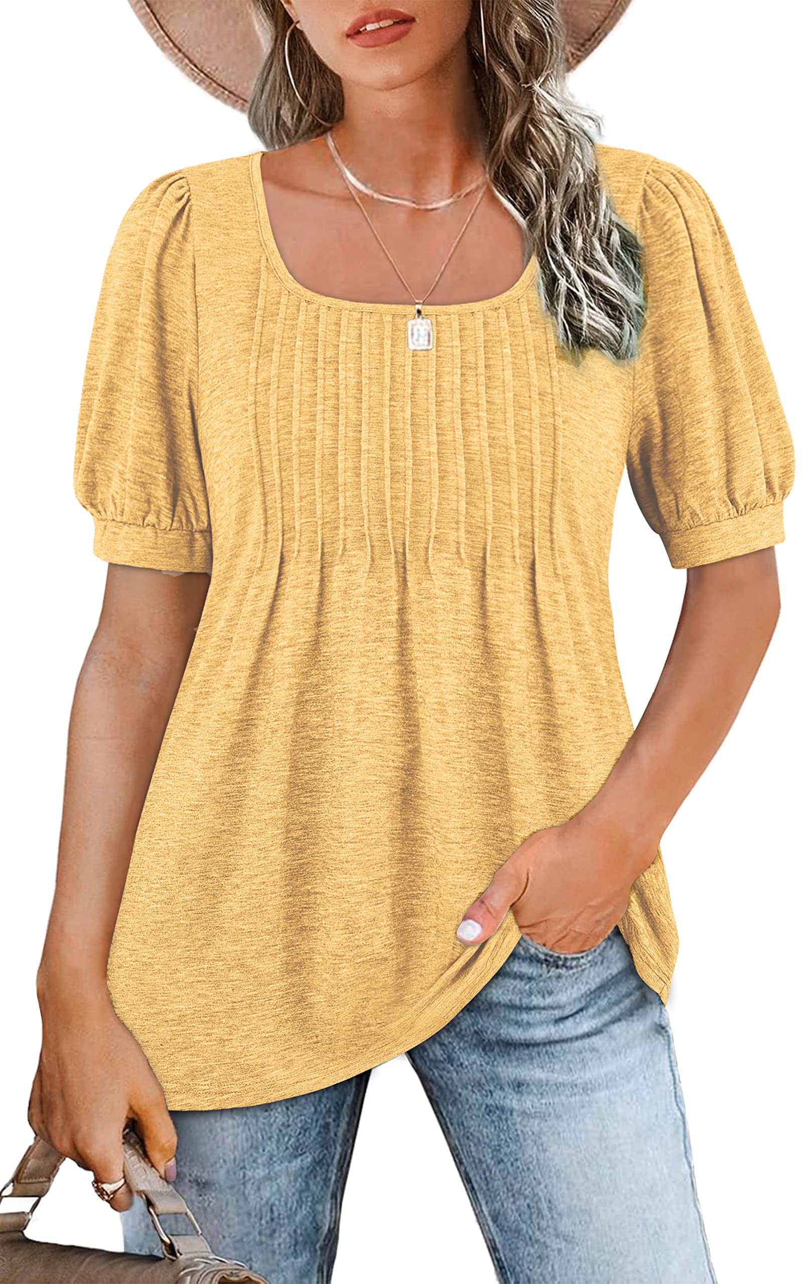 Zwurew Women's Summer Casual Puff Short Sleeve T-Shirt - Square Neck Pleated Flowy Tunic Top for Leggings (Sizes S-2XL) | Trendy Blouse for Outfits, Beach Wear & Daily Fashion