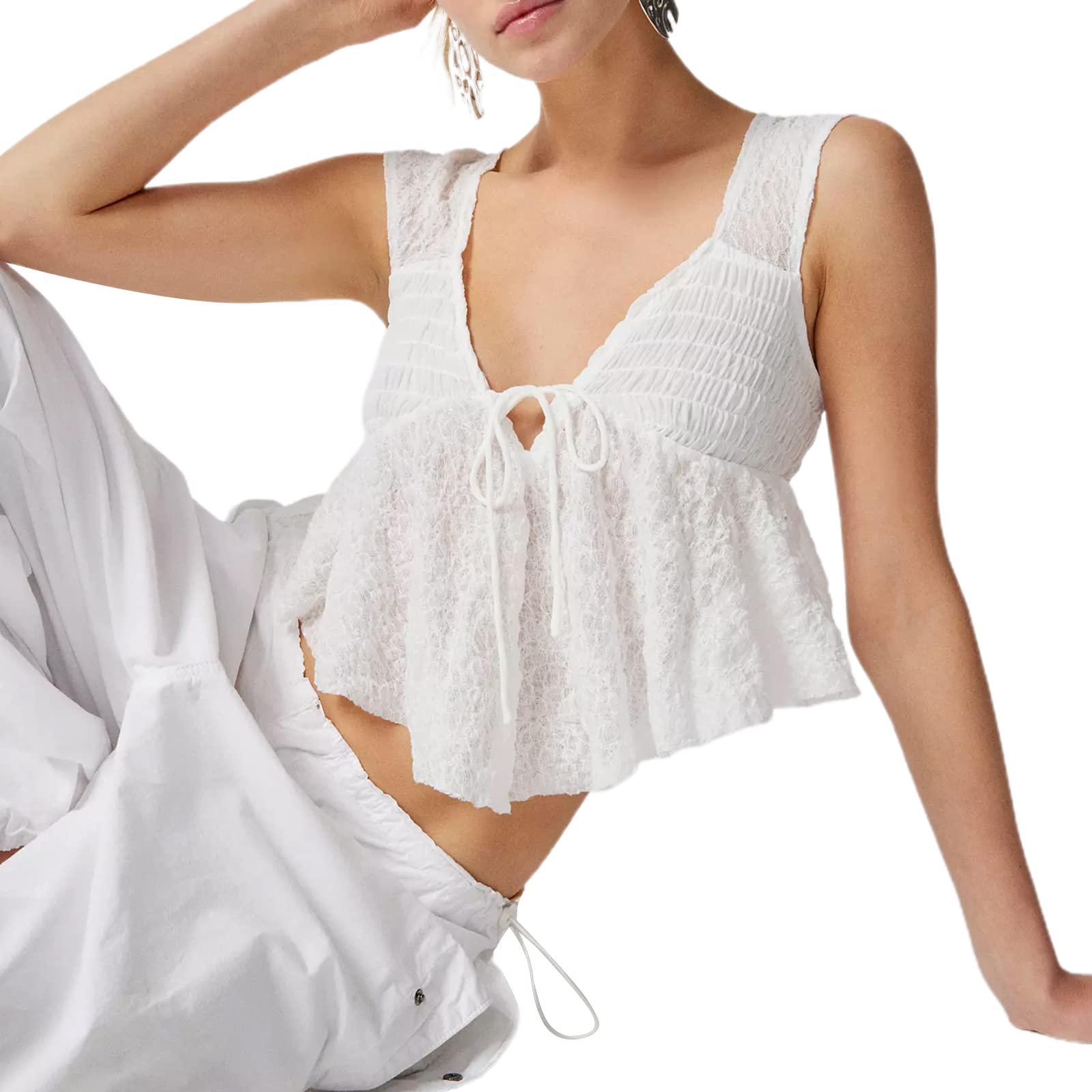 Y2K Women's Babydoll Tank Top - Cute Summer Crop Top with Lace-Up Detail & Textured Fabric | Perfect for Beach Outfits, Music Festivals & Boho Aesthetic Fashion