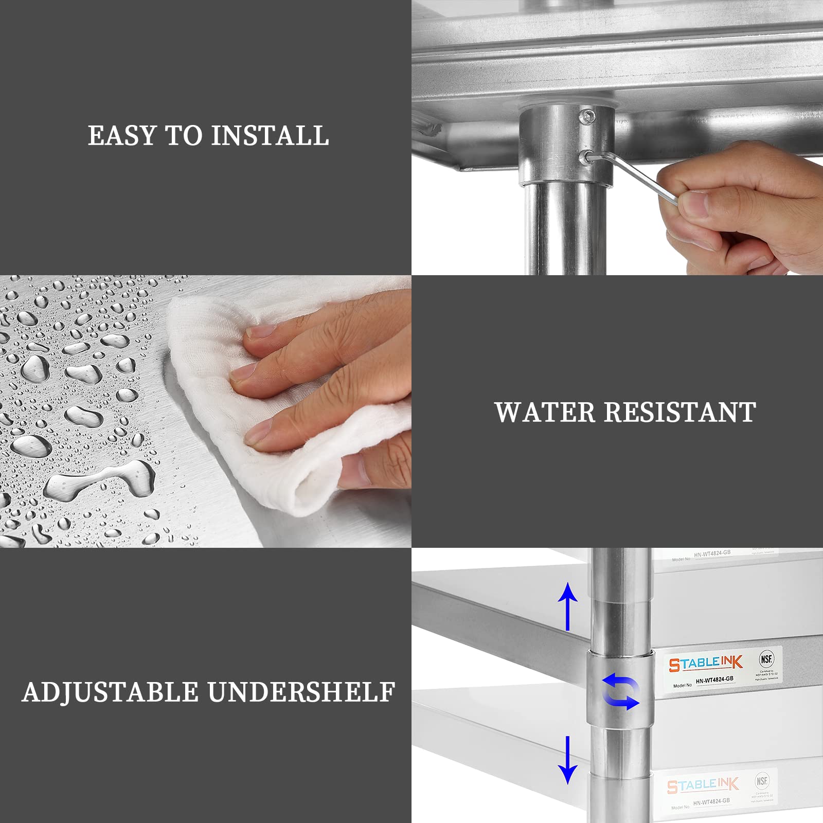 STABLEINK NSF Certified Stainless Steel Work Table 24x48 Inches - Commercial Kitchen Prep Table with Adjustable Undershelf, Backsplash & Leveling Feet - Ideal for Restaurants, Food Prep, Catering & Commercial Kitchens
