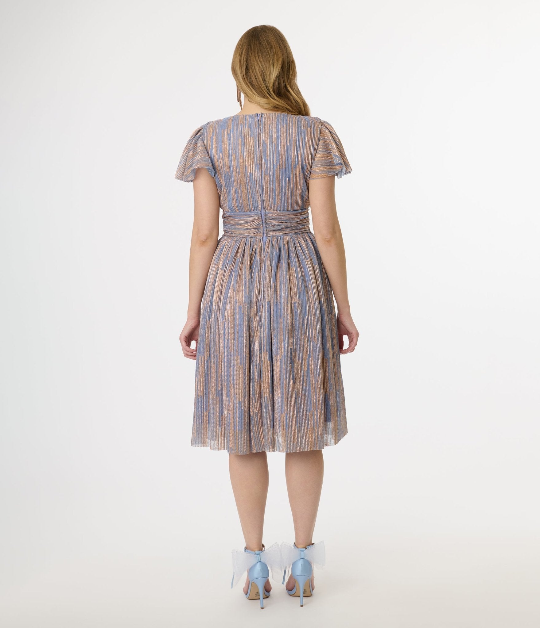 Magnolia Place Periwinkle & Gold Flutter Sleeve Midori Swing Dress - Elegant Floral Summer Dress for Women, Perfect for Garden Parties, Weddings & Date Nights